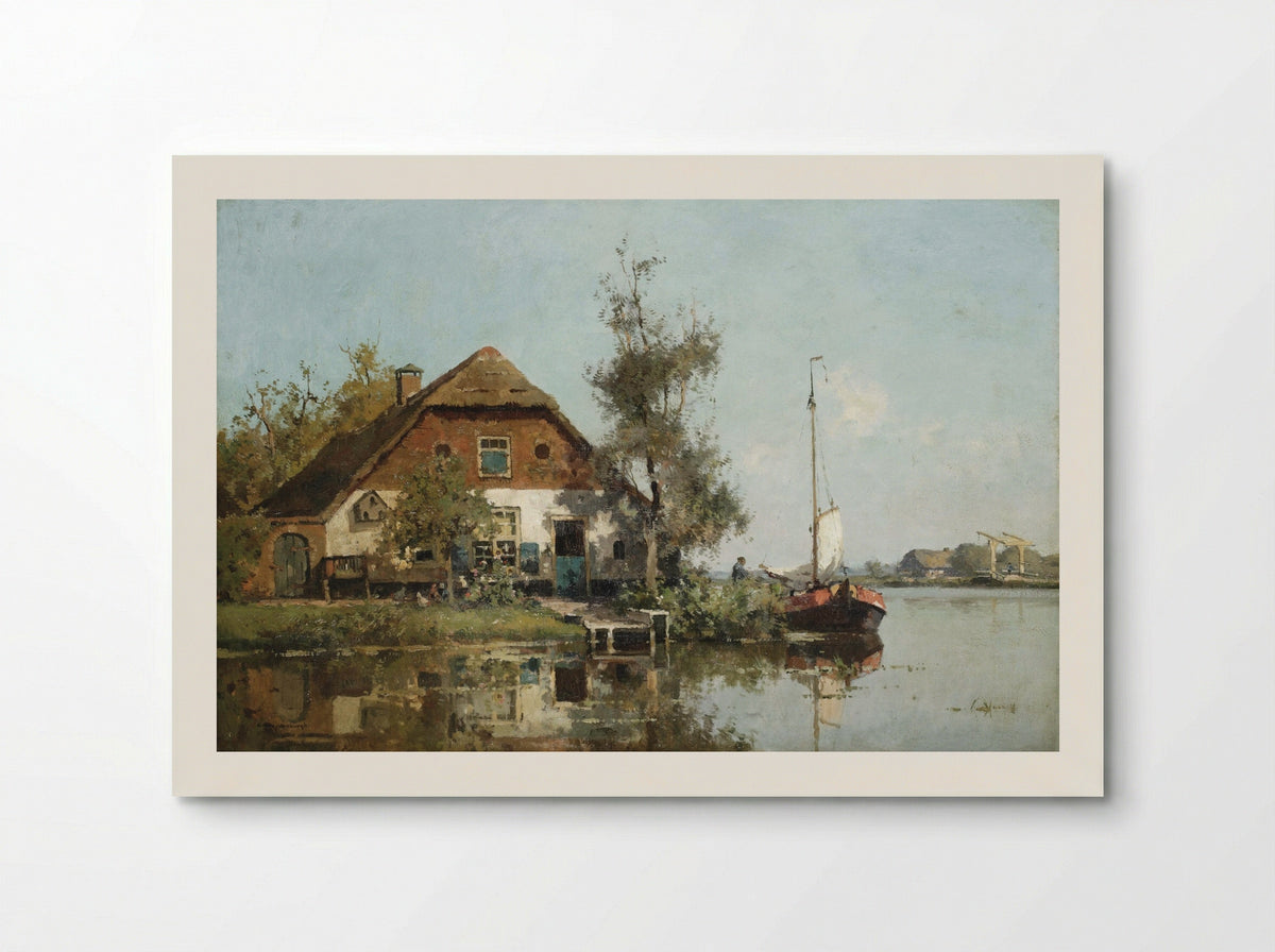 Man op een aangemeerde zeilboot op een meer - Cornelis Vreedenburgh - Poster