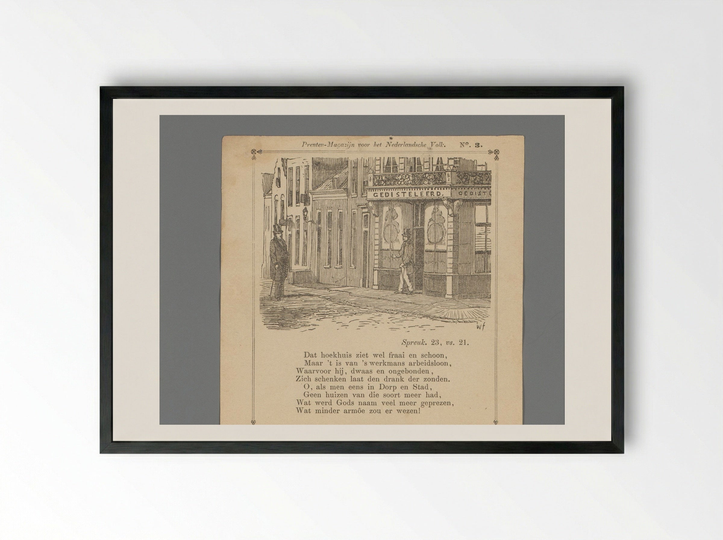 Man op straat ziet een andere man uit een winkel voor gedestilleerde drank komen - Isaac Weissenbruch - Framed Print Black
