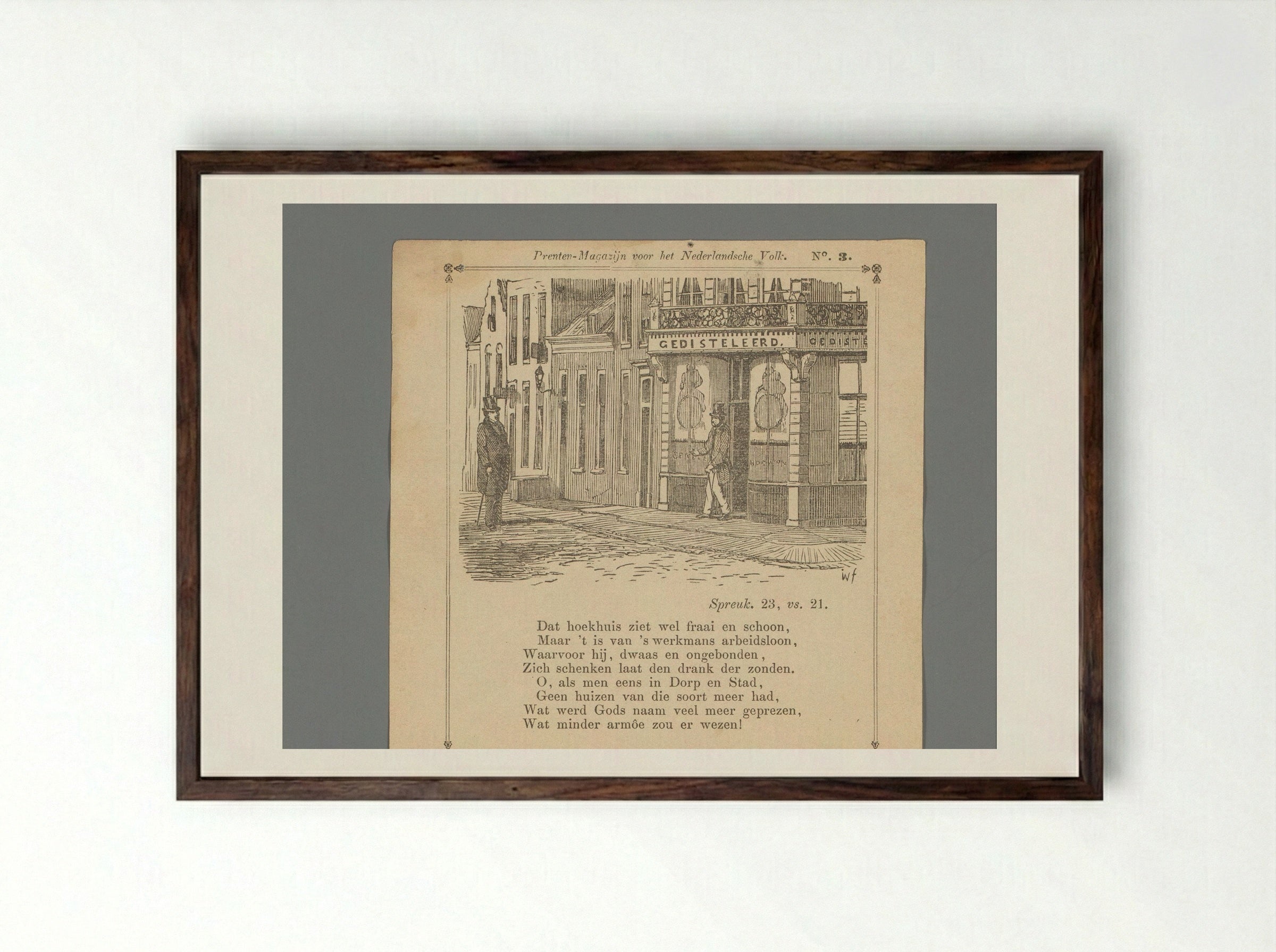 Man op straat ziet een andere man uit een winkel voor gedestilleerde drank komen - Isaac Weissenbruch - Framed Print Dark Wood