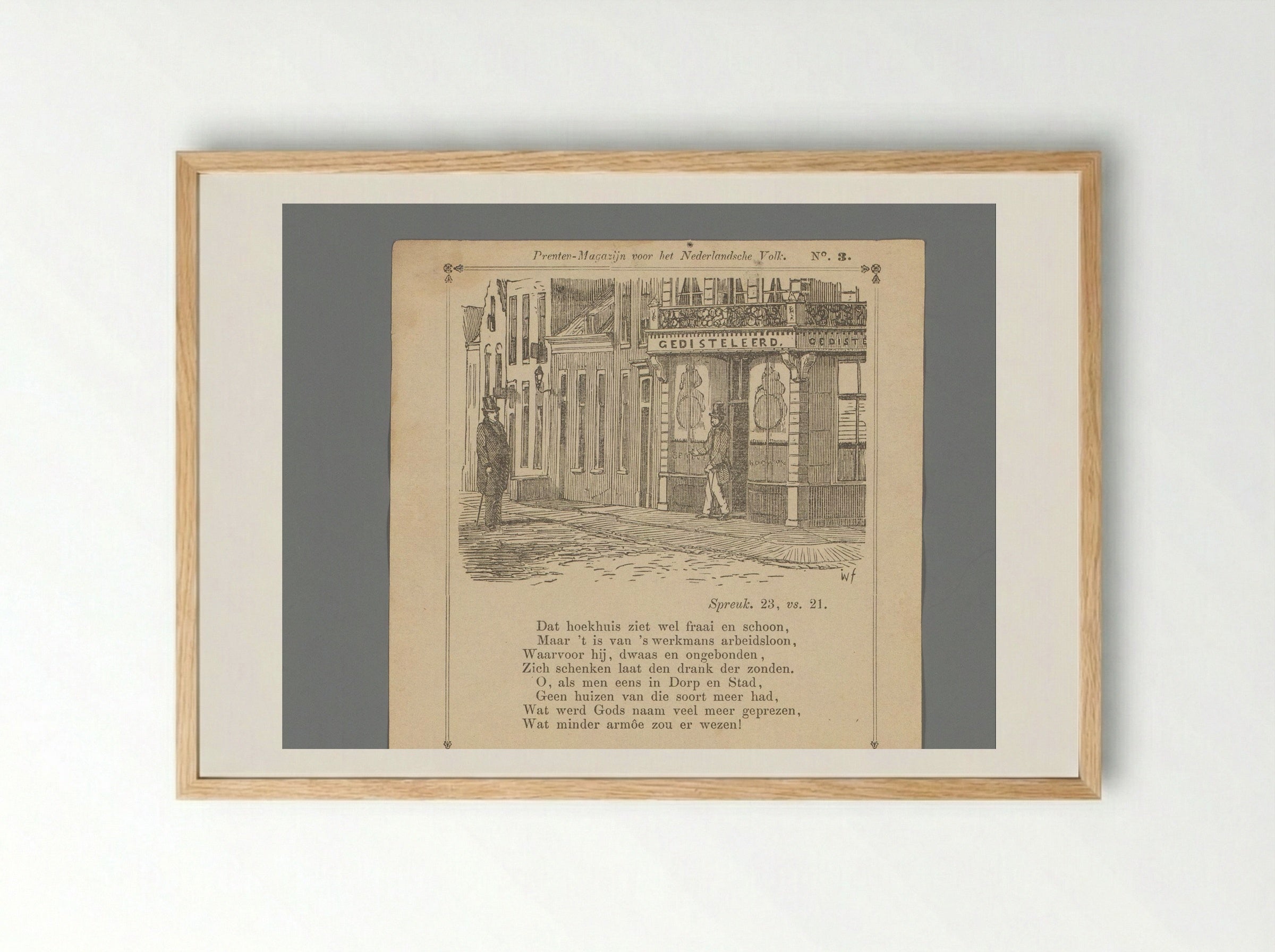 Man op straat ziet een andere man uit een winkel voor gedestilleerde drank komen - Isaac Weissenbruch - Framed Print Wood