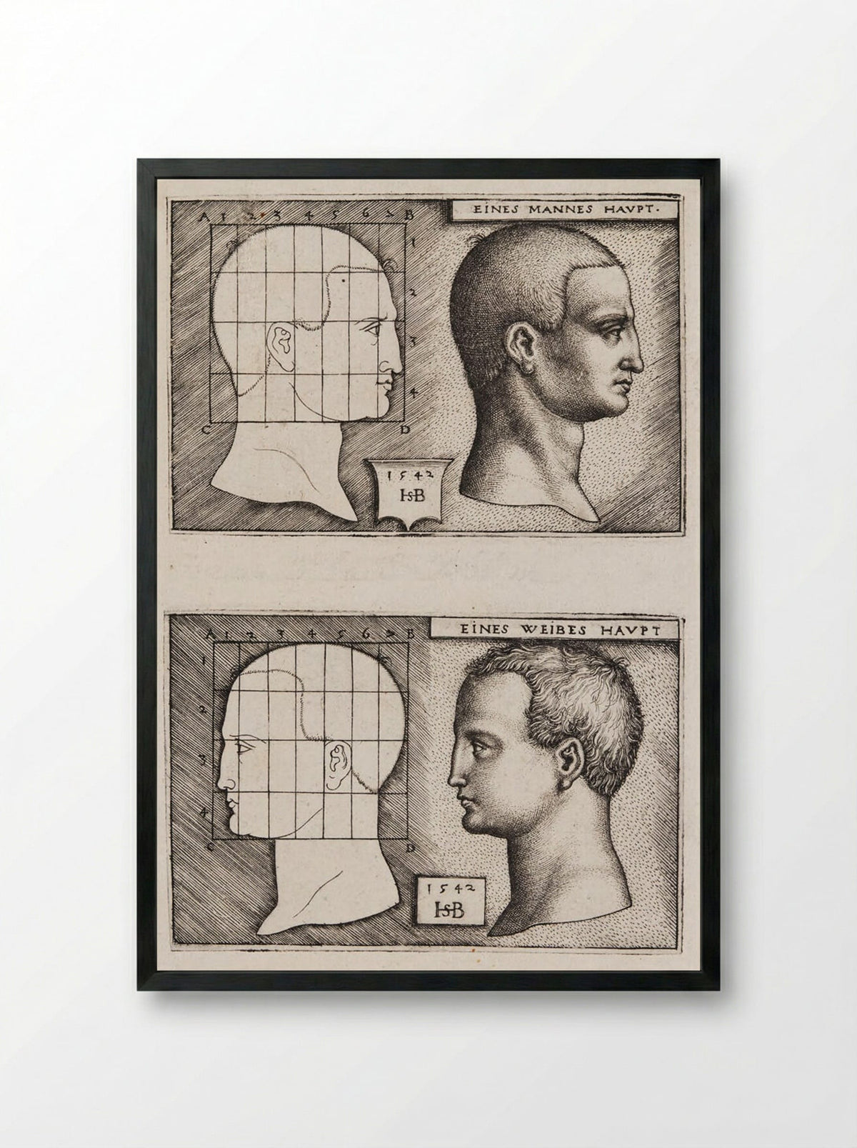 Man’s Head and Woman’s Head - Sebald Beham - Framed Print Black