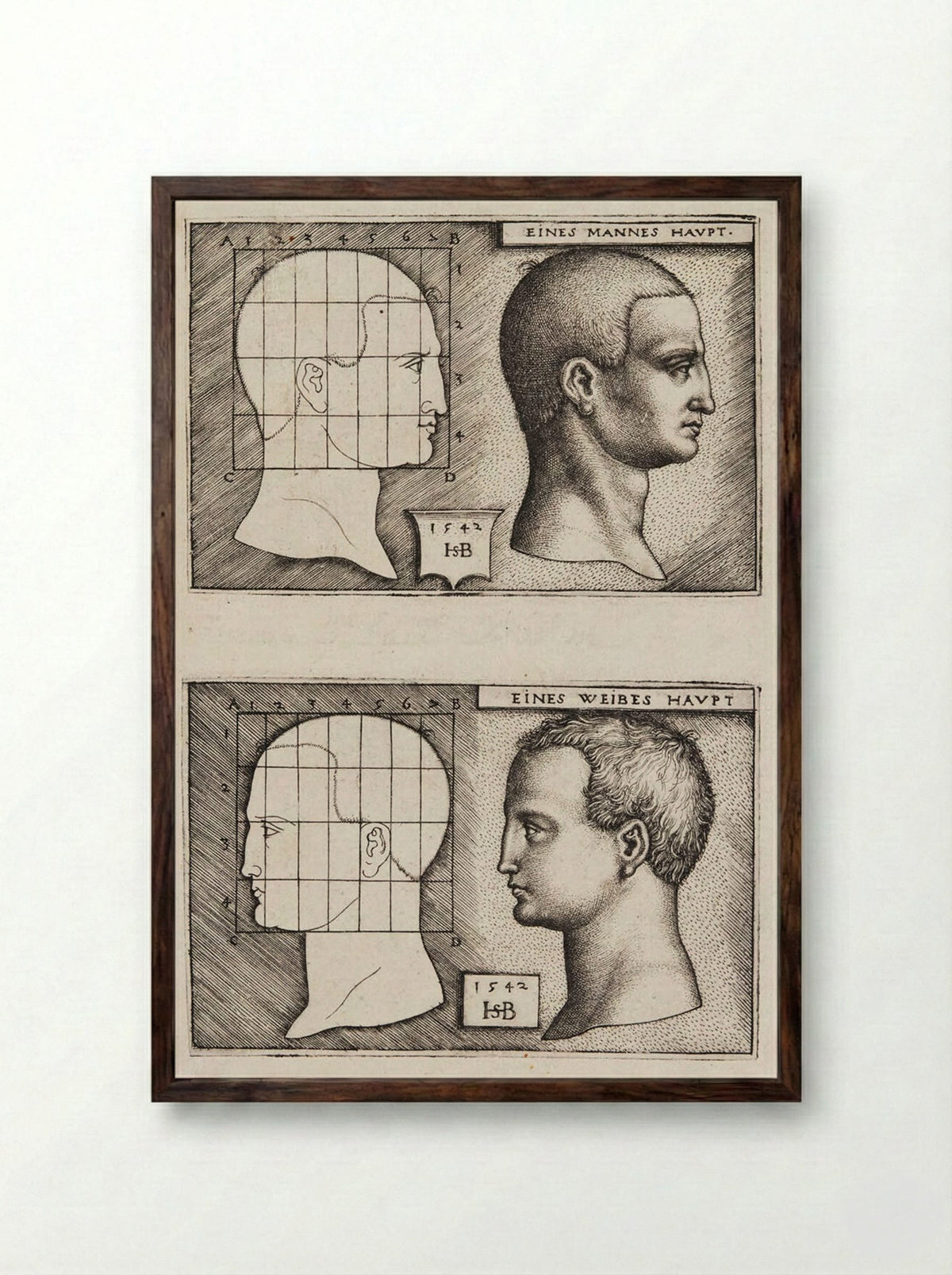 Man’s Head and Woman’s Head - Sebald Beham - Framed Print Dark Wood