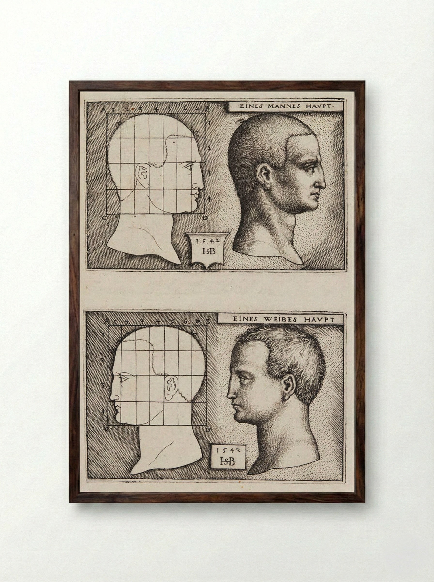 Man’s Head and Woman’s Head - Sebald Beham - Framed Print Dark Wood