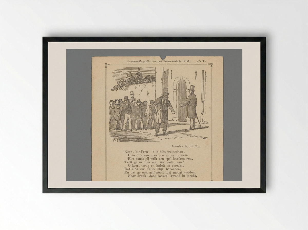 Man wijzend naar een dronkaard voor een groep kinderen op straat - Isaac Weissenbruch - Framed Print Black