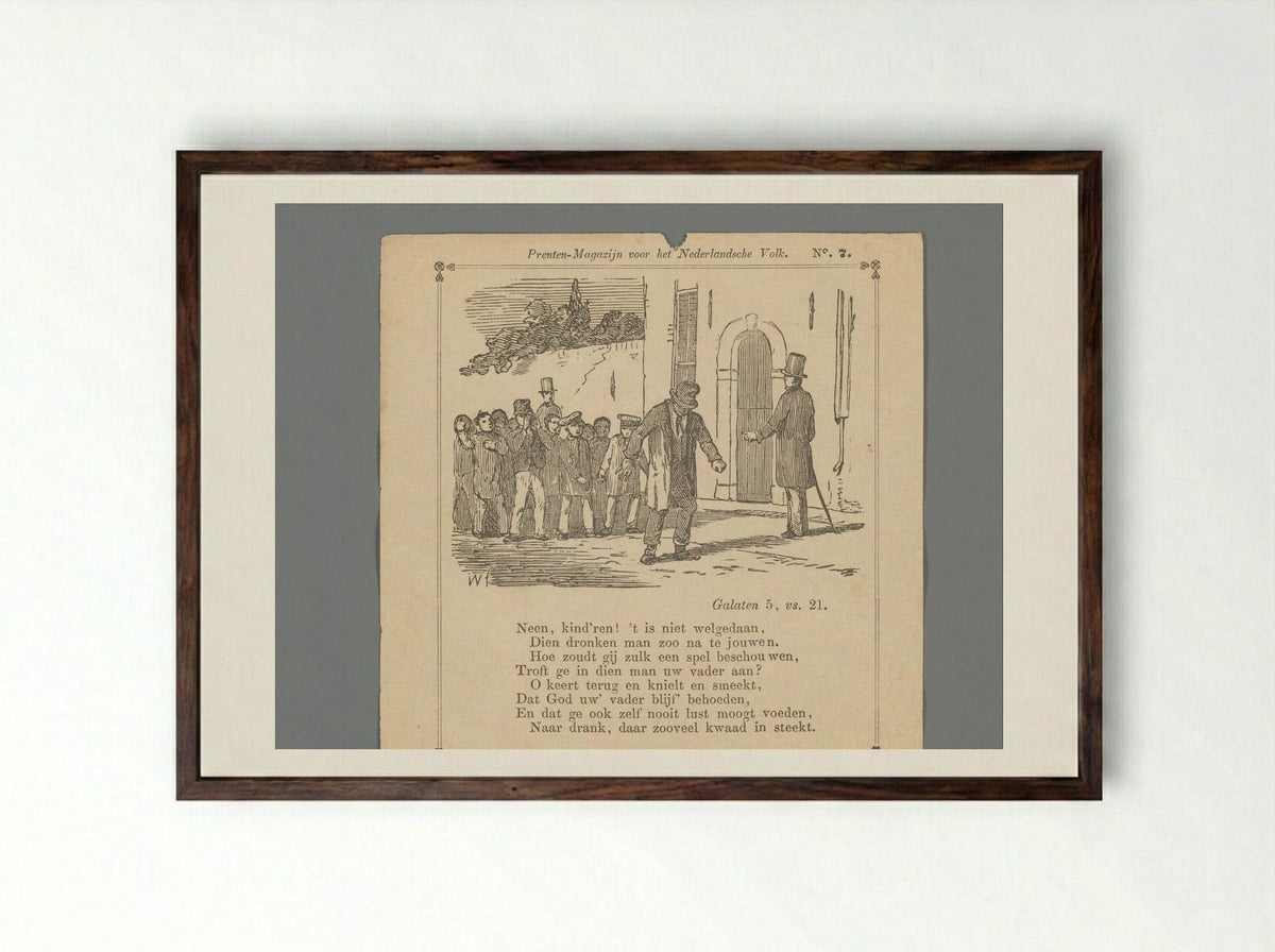 Man wijzend naar een dronkaard voor een groep kinderen op straat - Isaac Weissenbruch - Framed Print Dark Wood