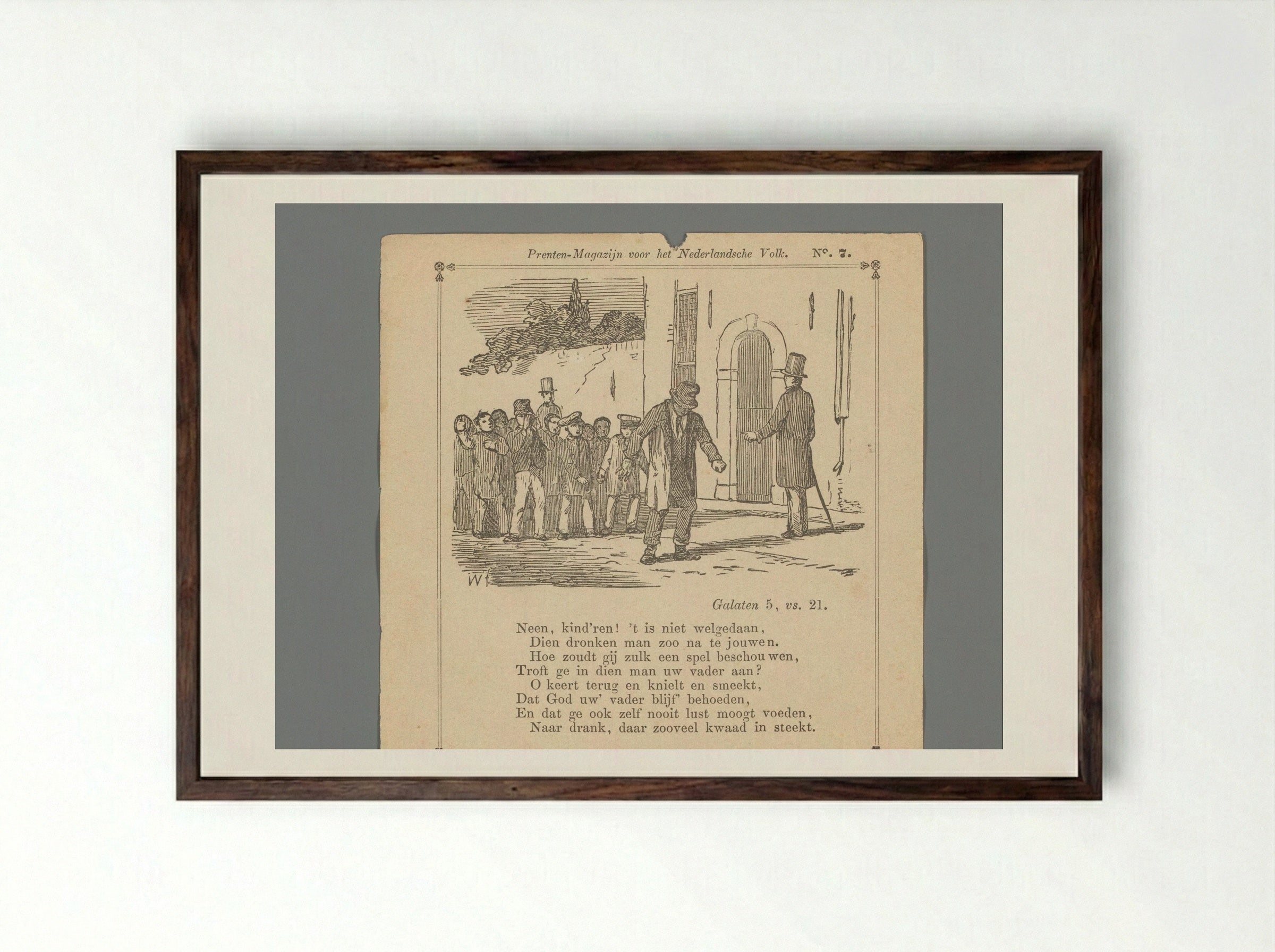 Man wijzend naar een dronkaard voor een groep kinderen op straat - Isaac Weissenbruch - Framed Print Dark Wood
