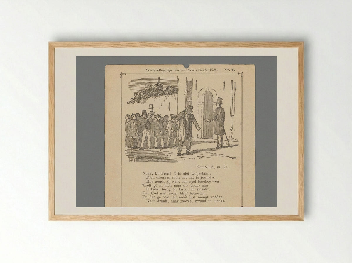 Man wijzend naar een dronkaard voor een groep kinderen op straat - Isaac Weissenbruch - Framed Print Wood