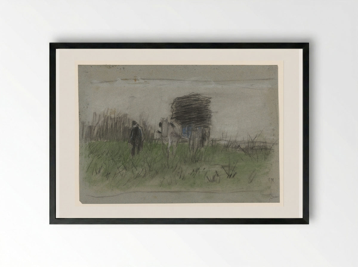 Man with Horse and Cart in the Dunes - Anton Mauve - Framed Print Black