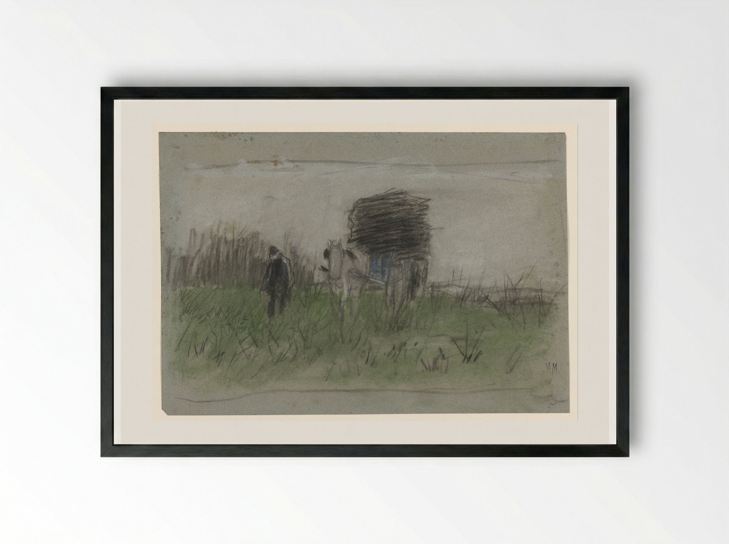 Man with Horse and Cart in the Dunes - Anton Mauve - Framed Print Black
