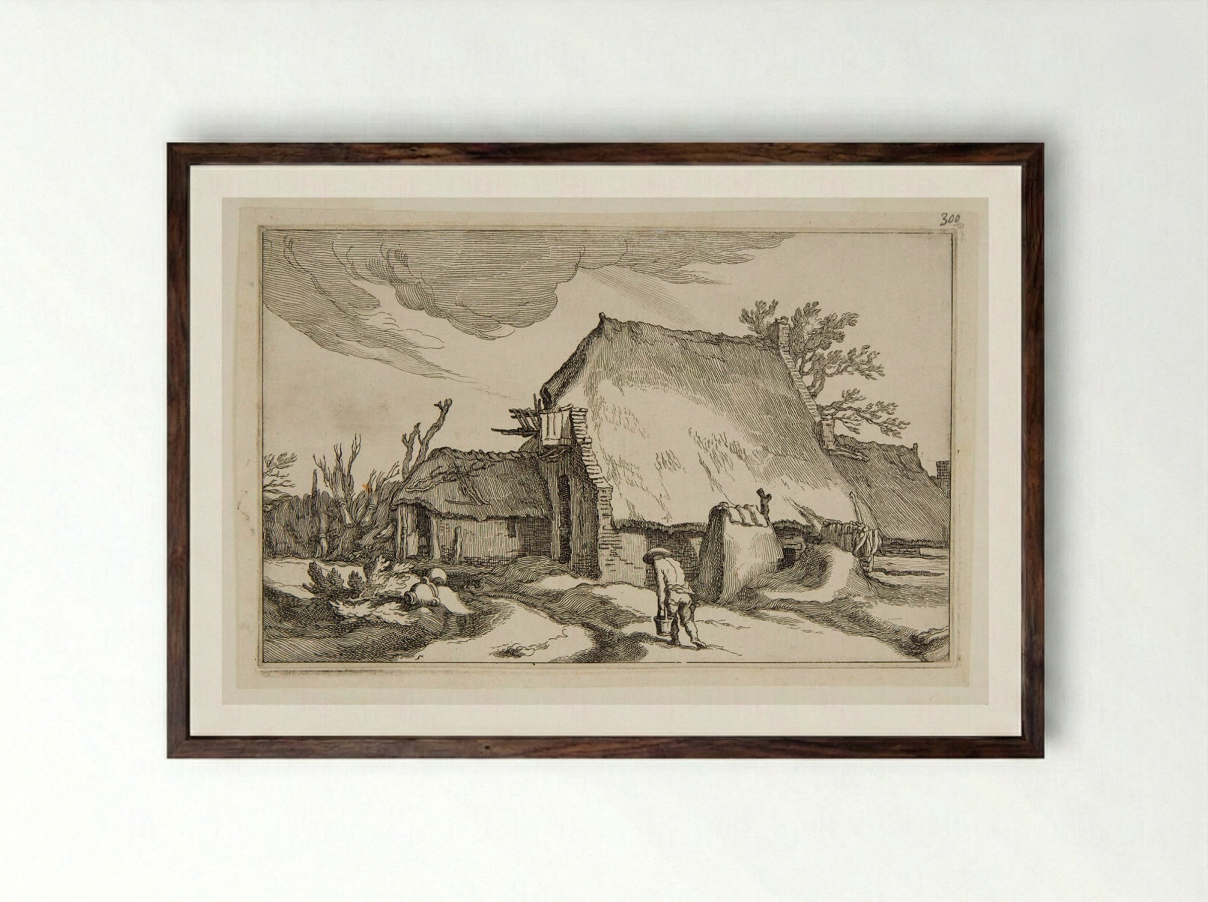 Man with Milk Pails Walking to a Cottage - Boetius Adamsz. Bolswert - Framed Print Dark Wood