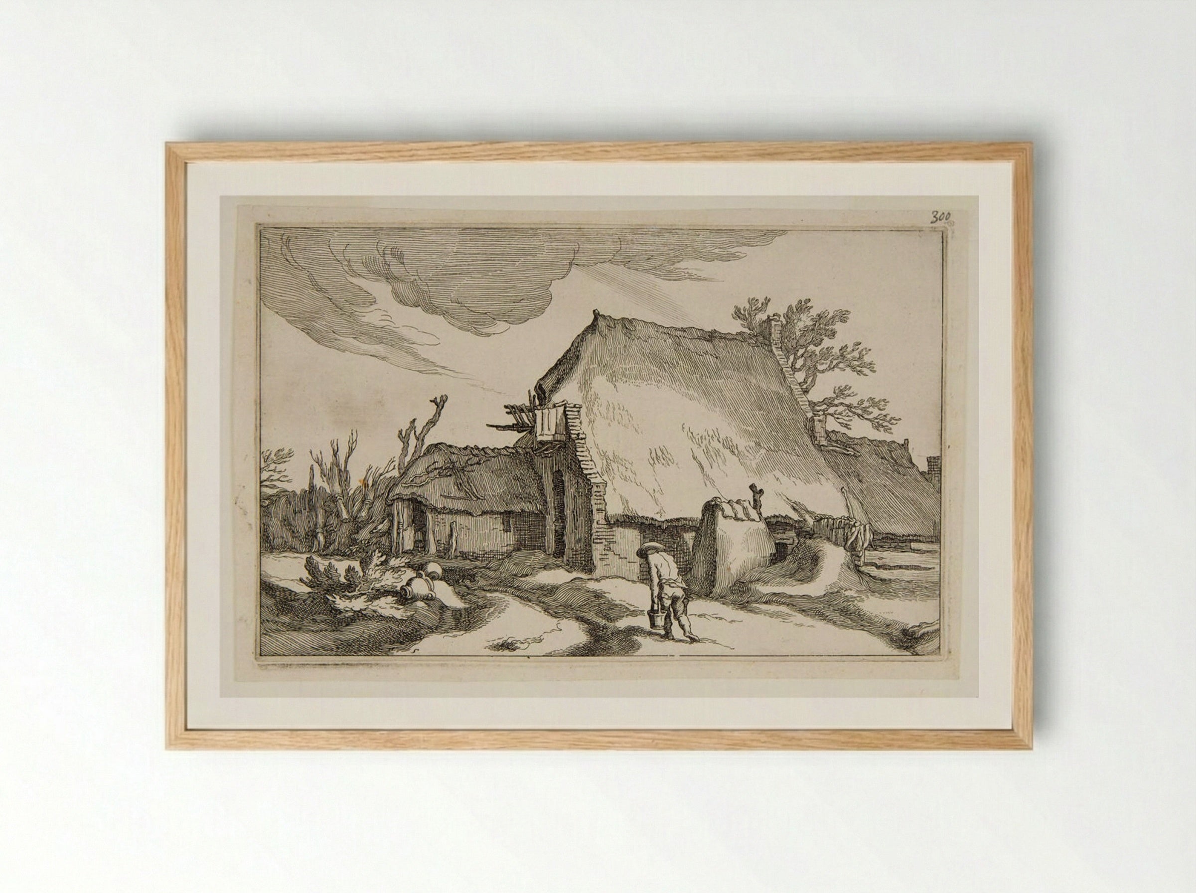 Man with Milk Pails Walking to a Cottage - Boetius Adamsz. Bolswert - Framed Print Wood