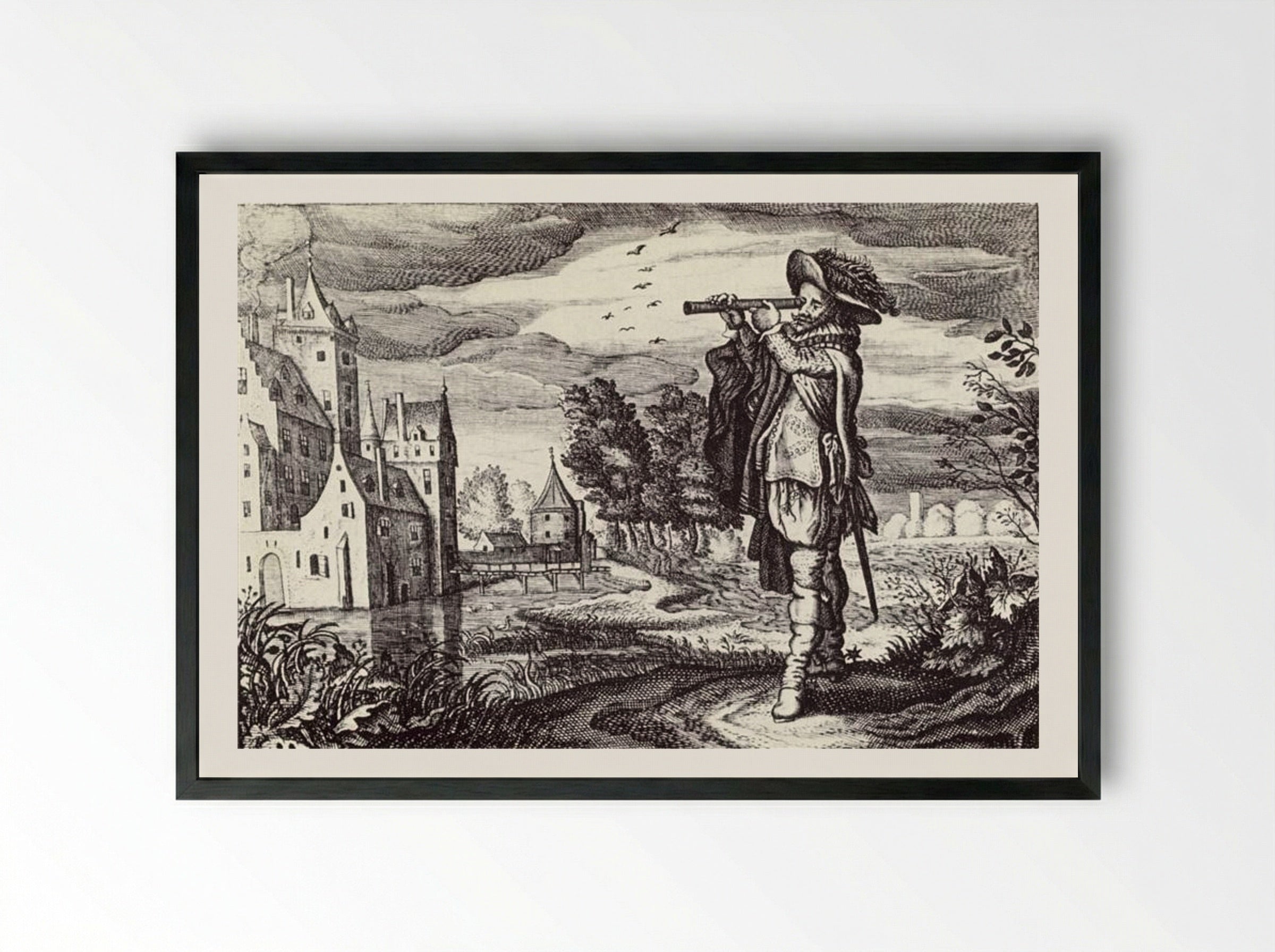 Man with Telescope - Adriaen van de Venne - Framed Print Black