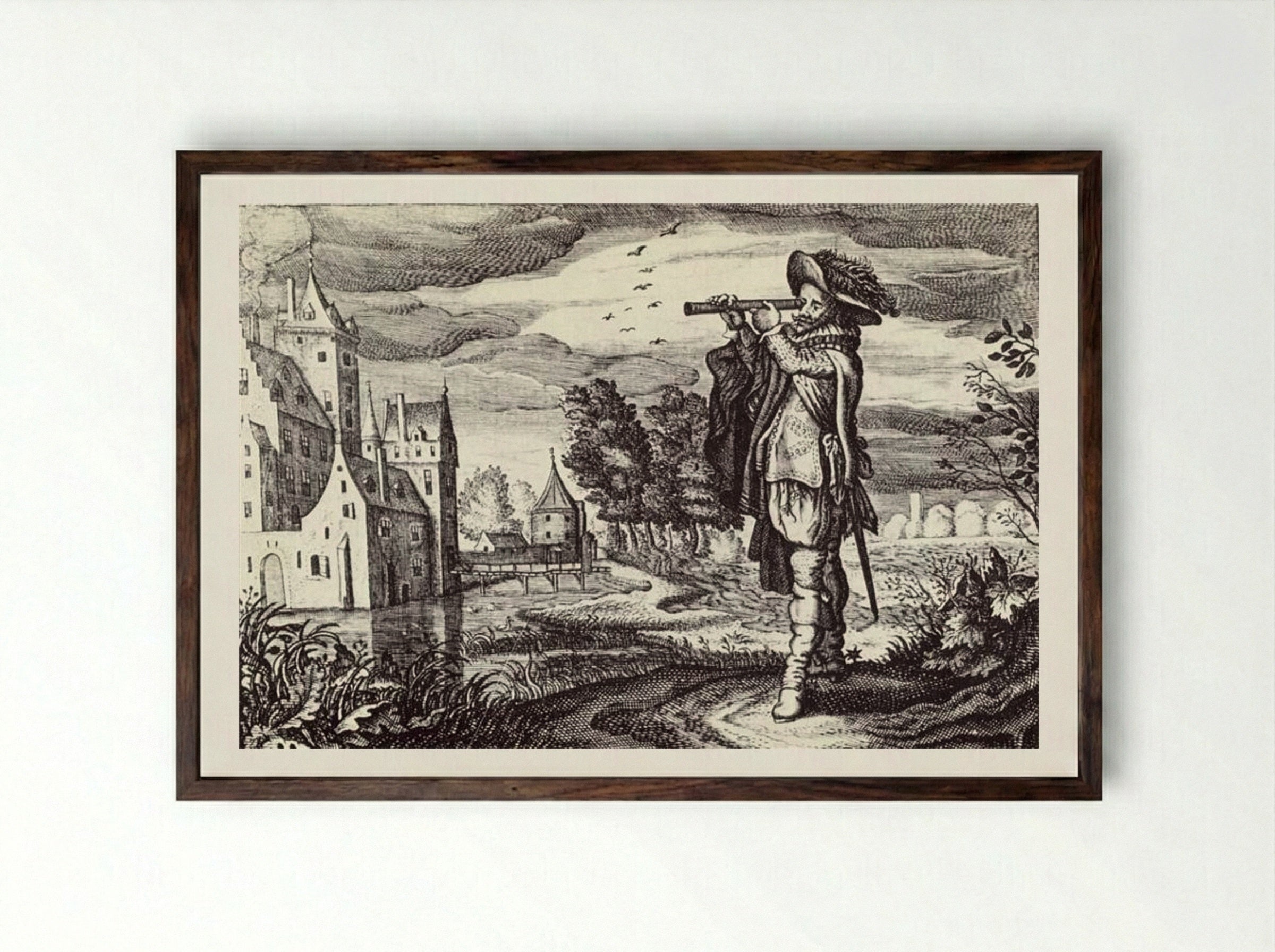 Man with Telescope - Adriaen van de Venne - Framed Print Dark Wood