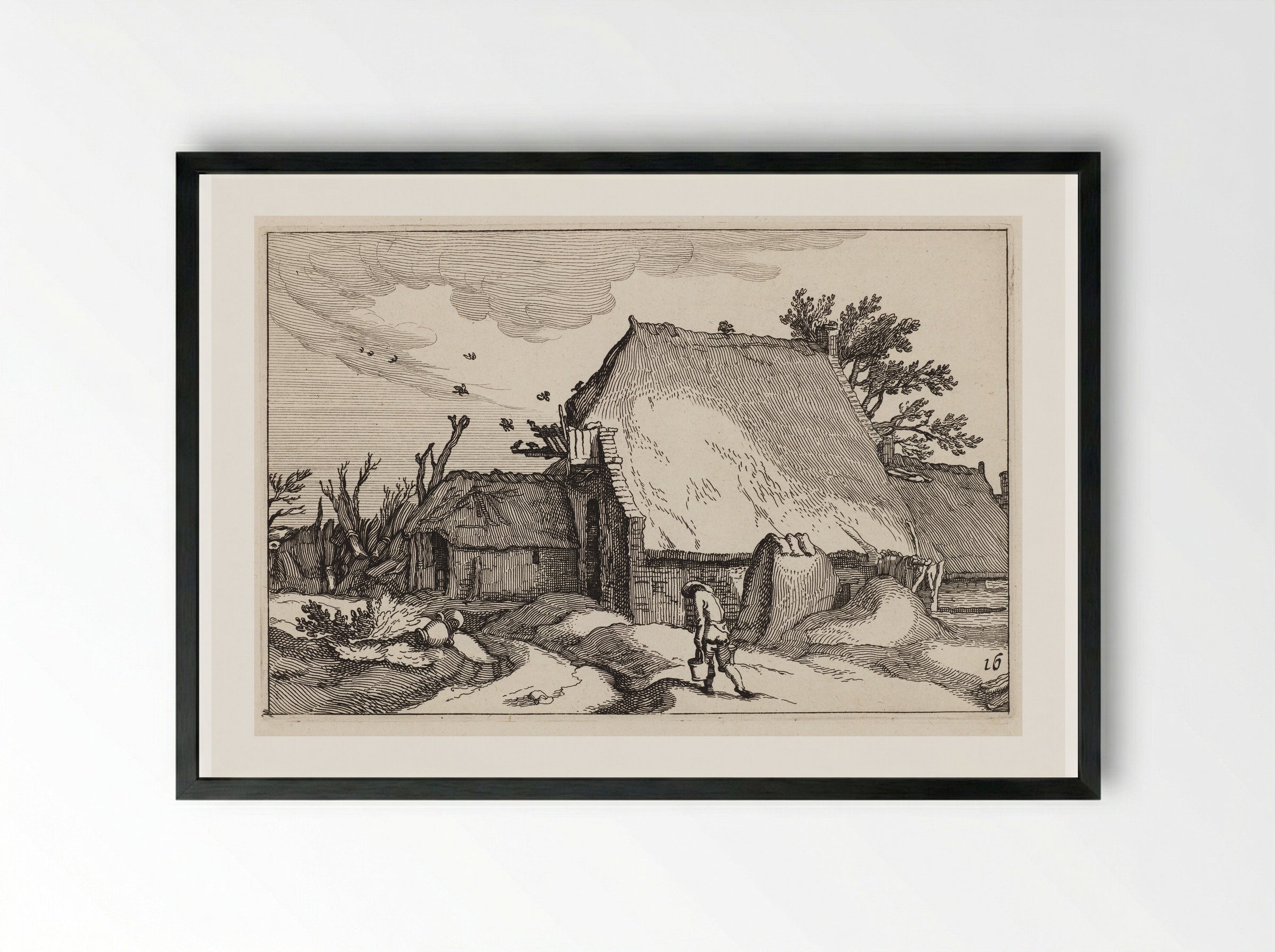 Man with Two Pails Walking Back to a Farmhouse - Claes Jansz. Visscher - Framed Print Black