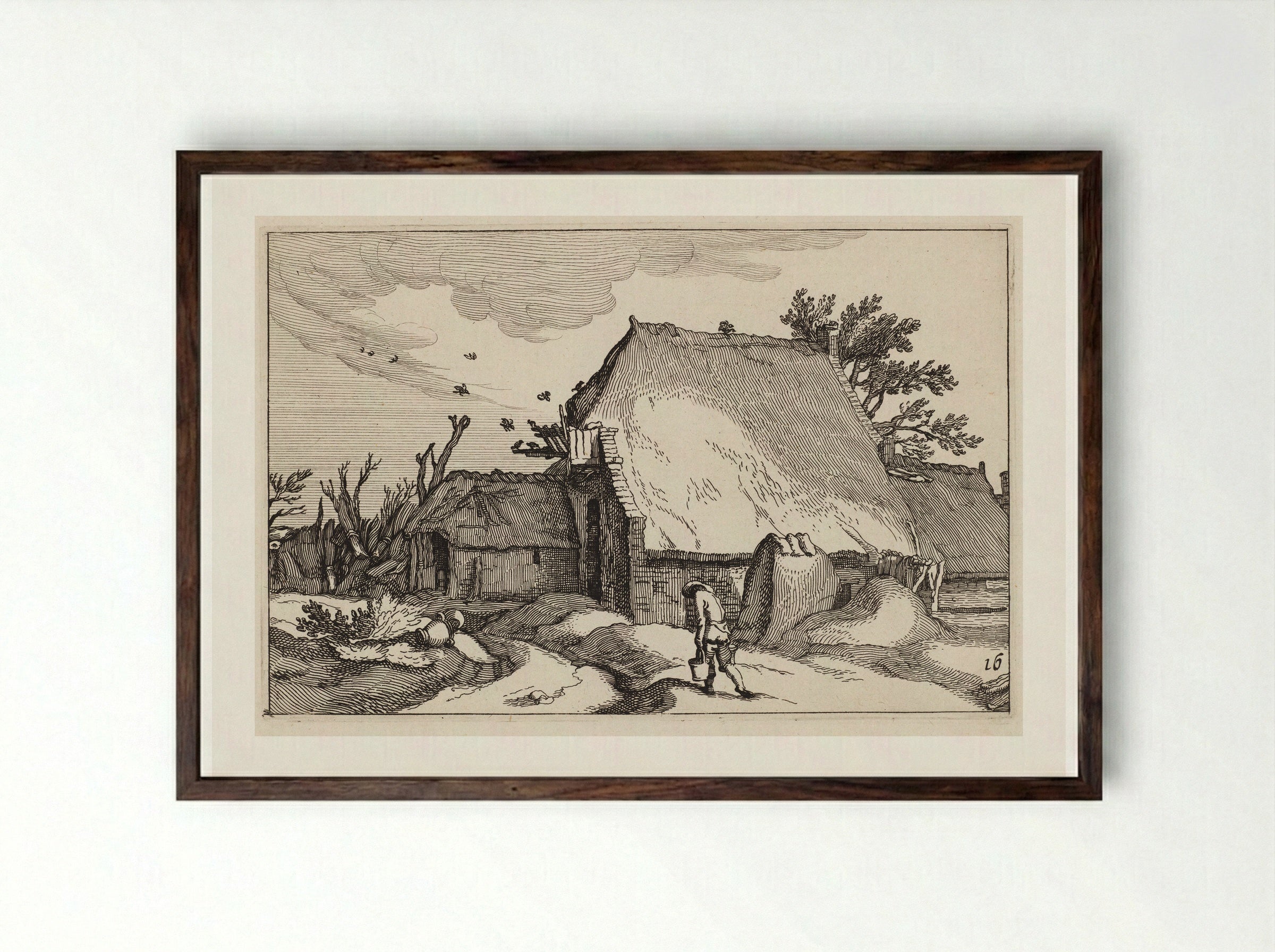 Man with Two Pails Walking Back to a Farmhouse - Claes Jansz. Visscher - Framed Print Dark Wood