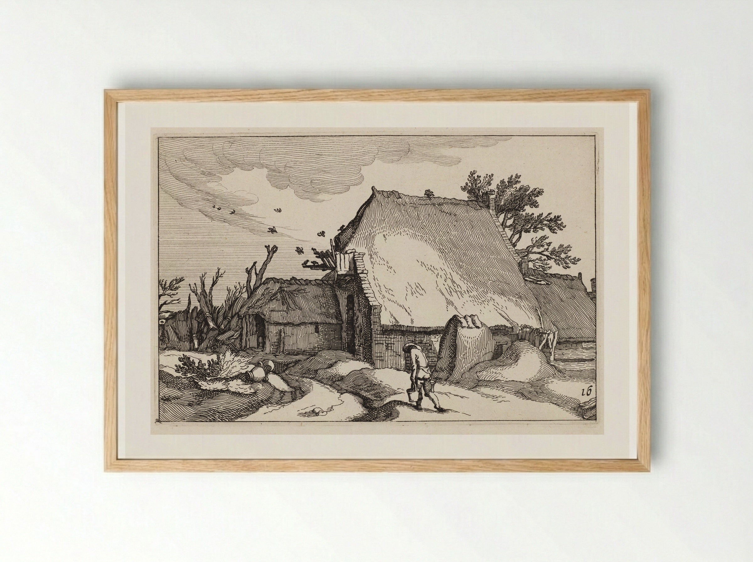 Man with Two Pails Walking Back to a Farmhouse - Claes Jansz. Visscher - Framed Print Wood