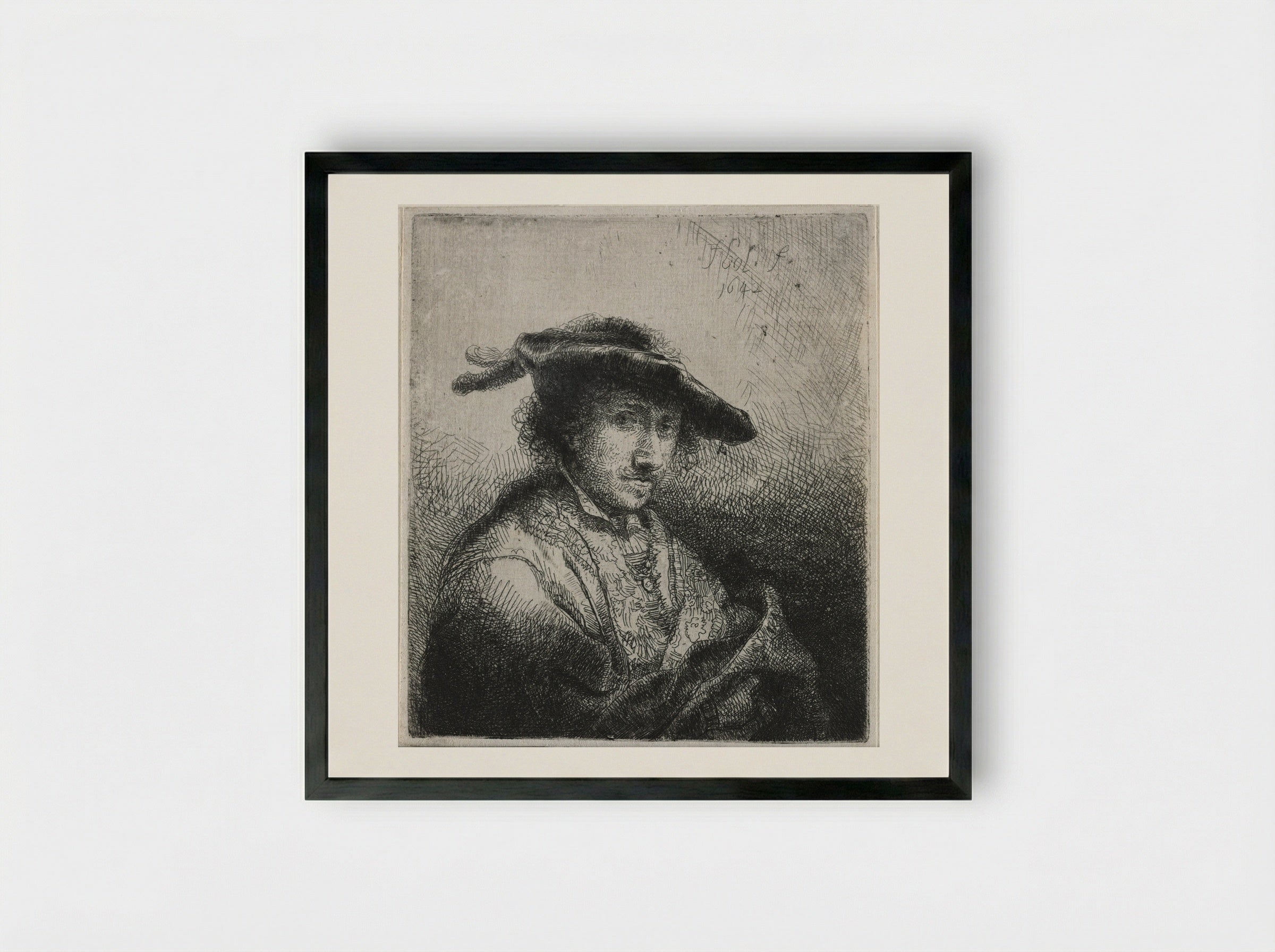 Man with Two Plumes in His Cap - Ferdinand Bol - Framed Print Black