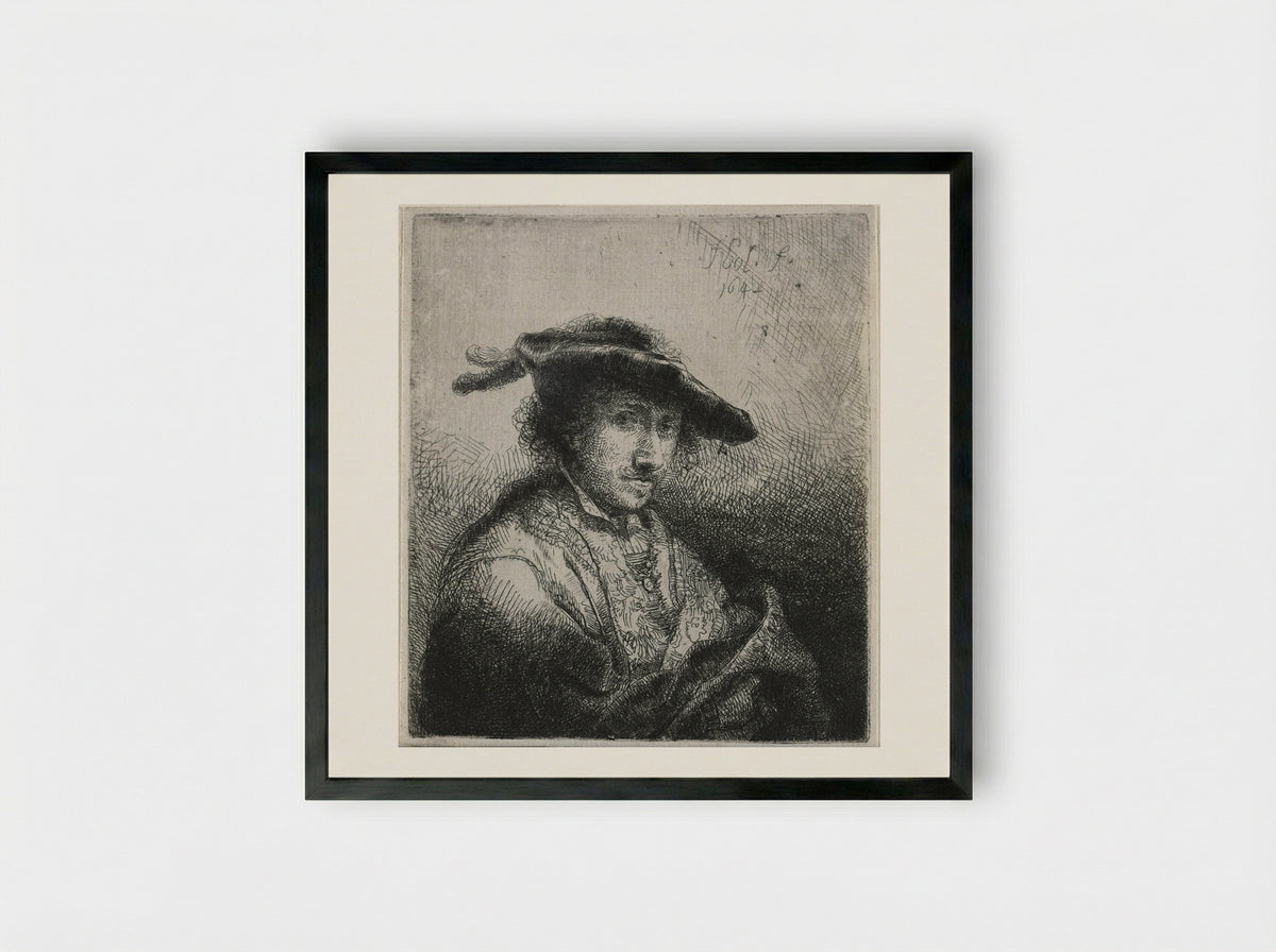 Man with Two Plumes in His Cap - Ferdinand Bol - Framed Print Black