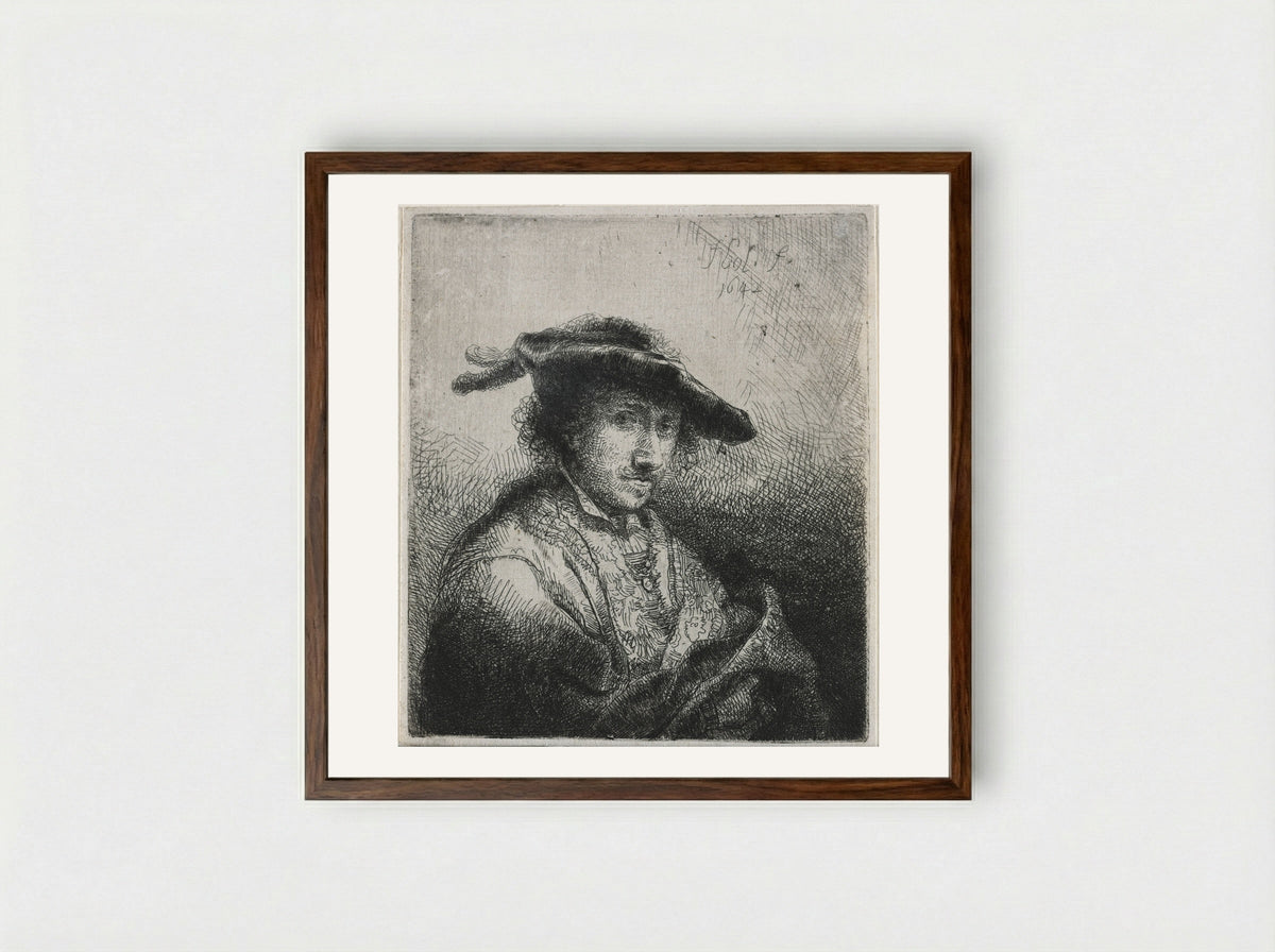 Man with Two Plumes in His Cap - Ferdinand Bol - Framed Print Dark Wood