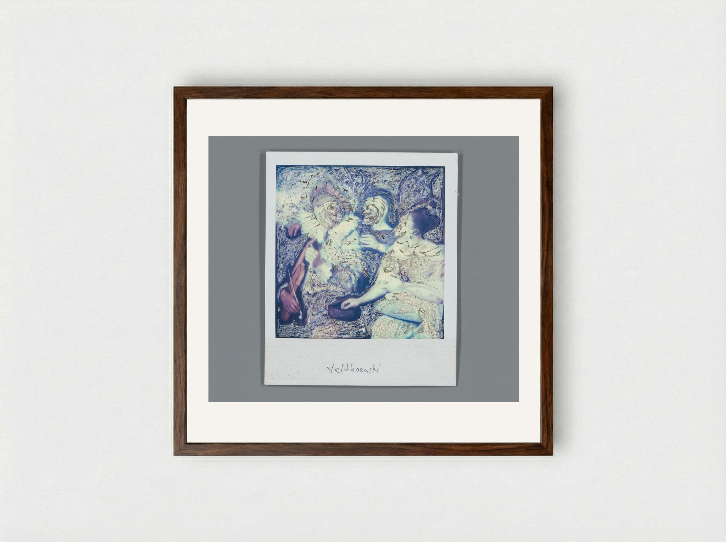 Man with Violin in Bad Company - Aat Veldhoen - Framed Print Dark Wood