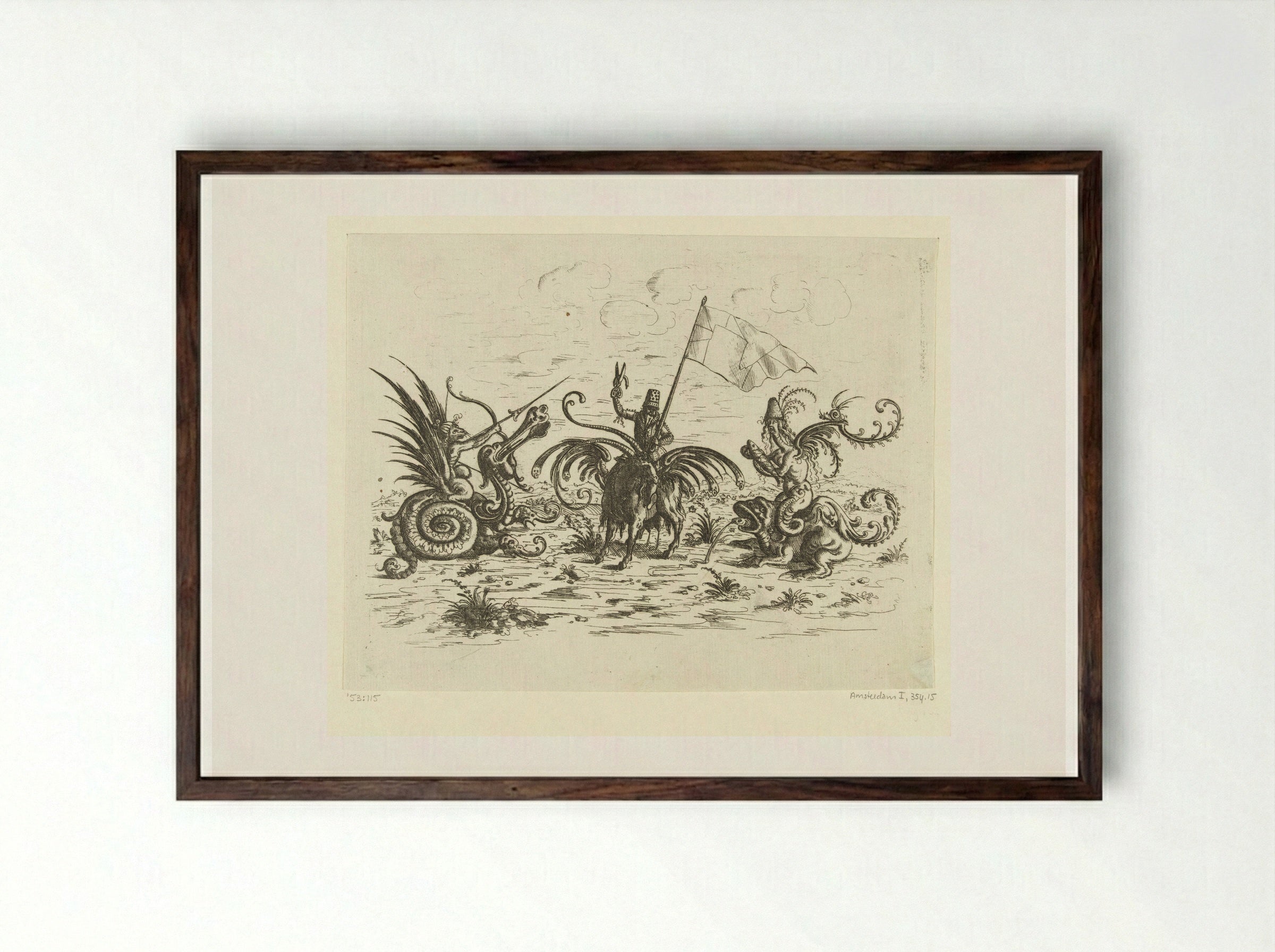 Man with a Banner on a Goat - Christoph Jamnitzer - Framed Print Dark Wood