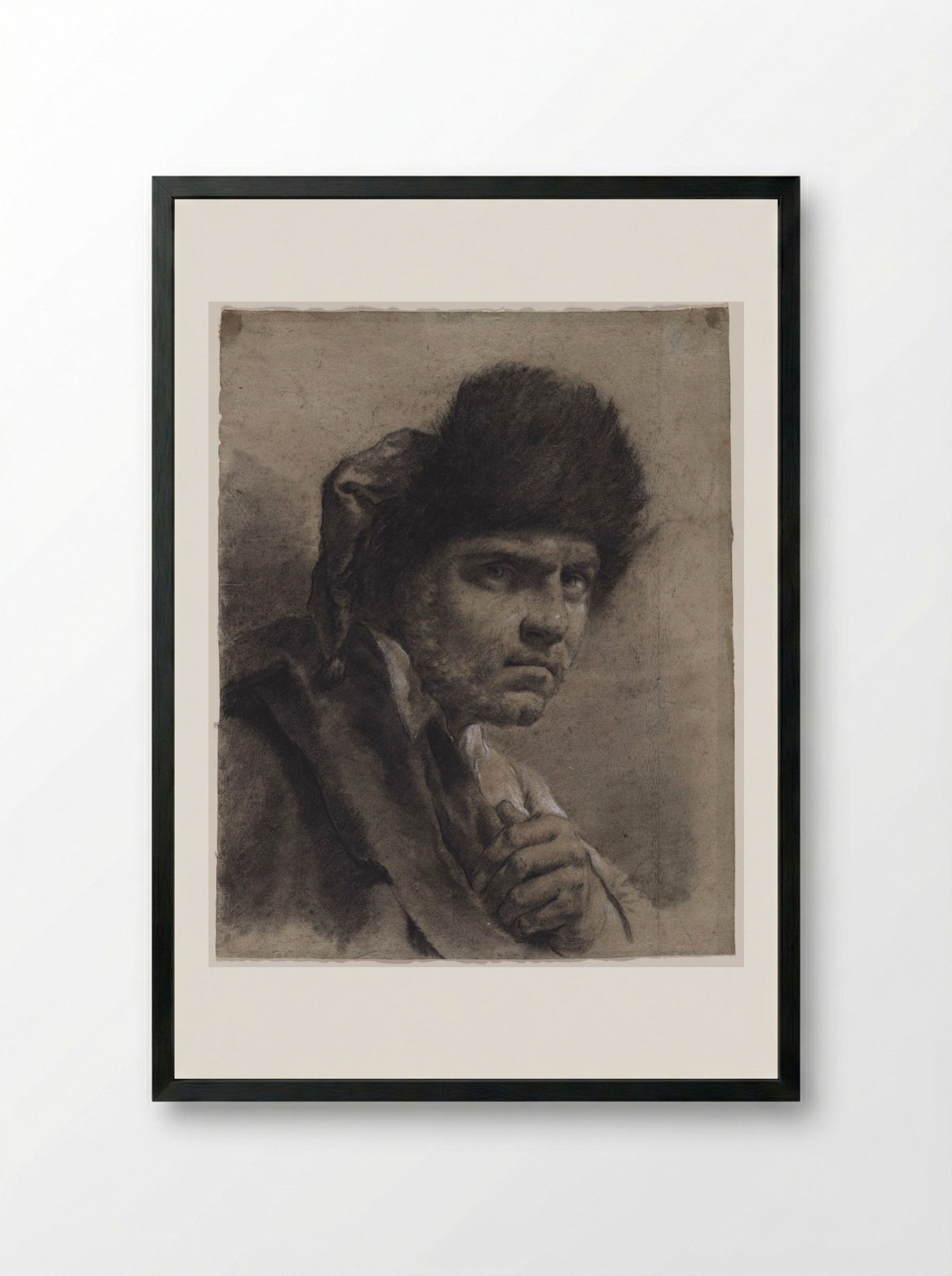 Man with a Fur Cap - Giovanni Battista Piazzetta - Framed Print Black