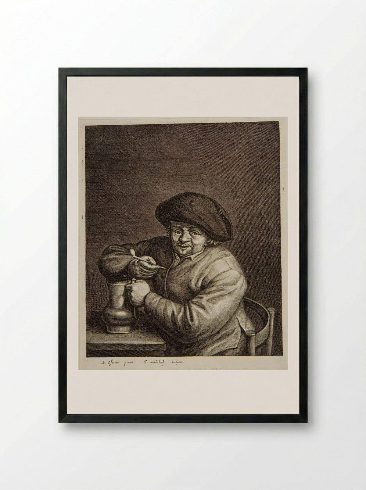 Man with a Jug and Pipe - Jonas Suyderhoef - Framed Print Black