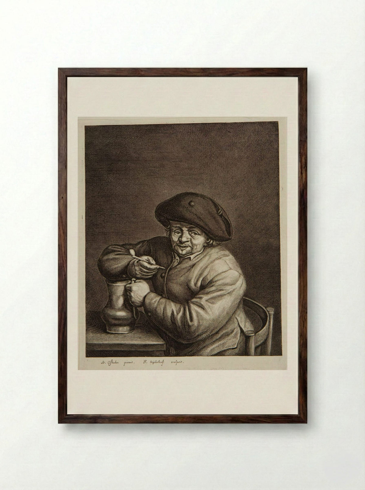 Man with a Jug and Pipe - Jonas Suyderhoef - Framed Print Dark Wood