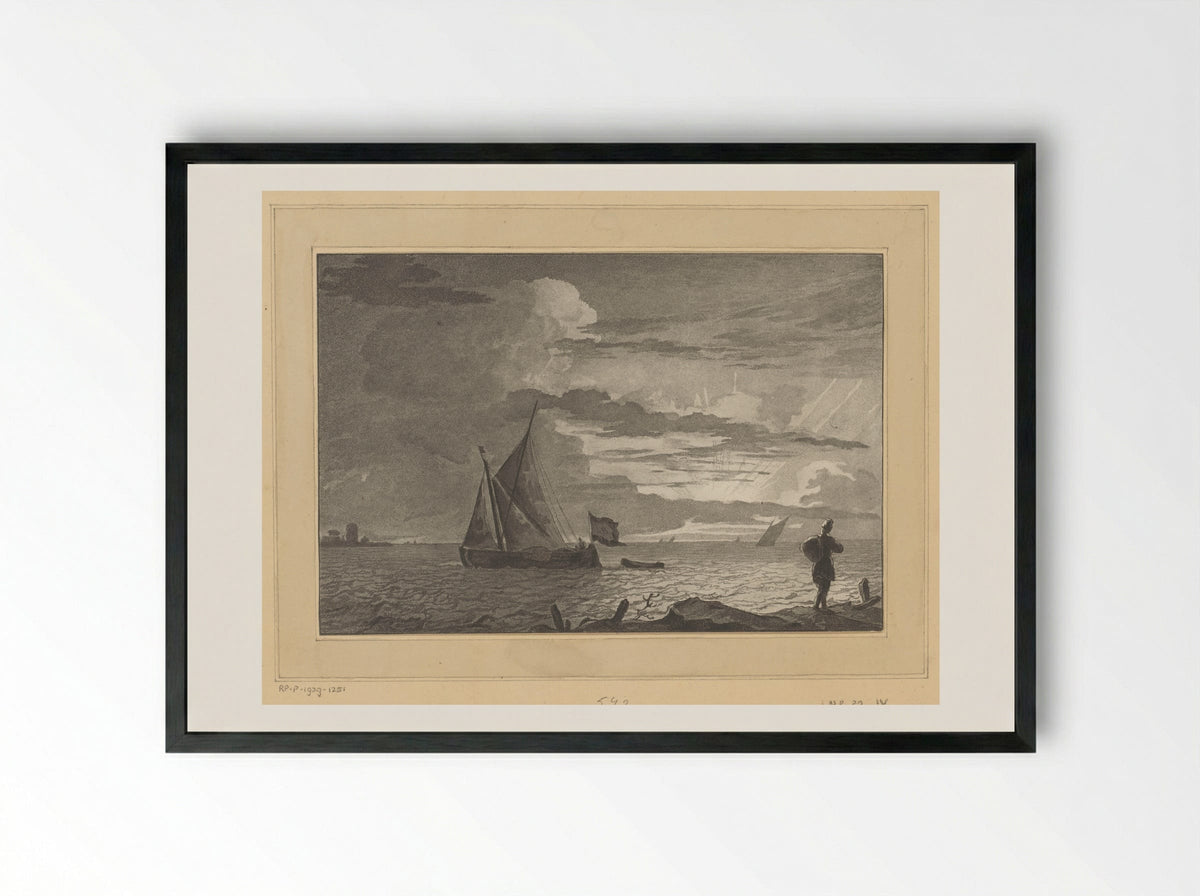 Man with a Sack on His Shoulder at Sunrise - Cornelis Brouwer - Framed Print Black