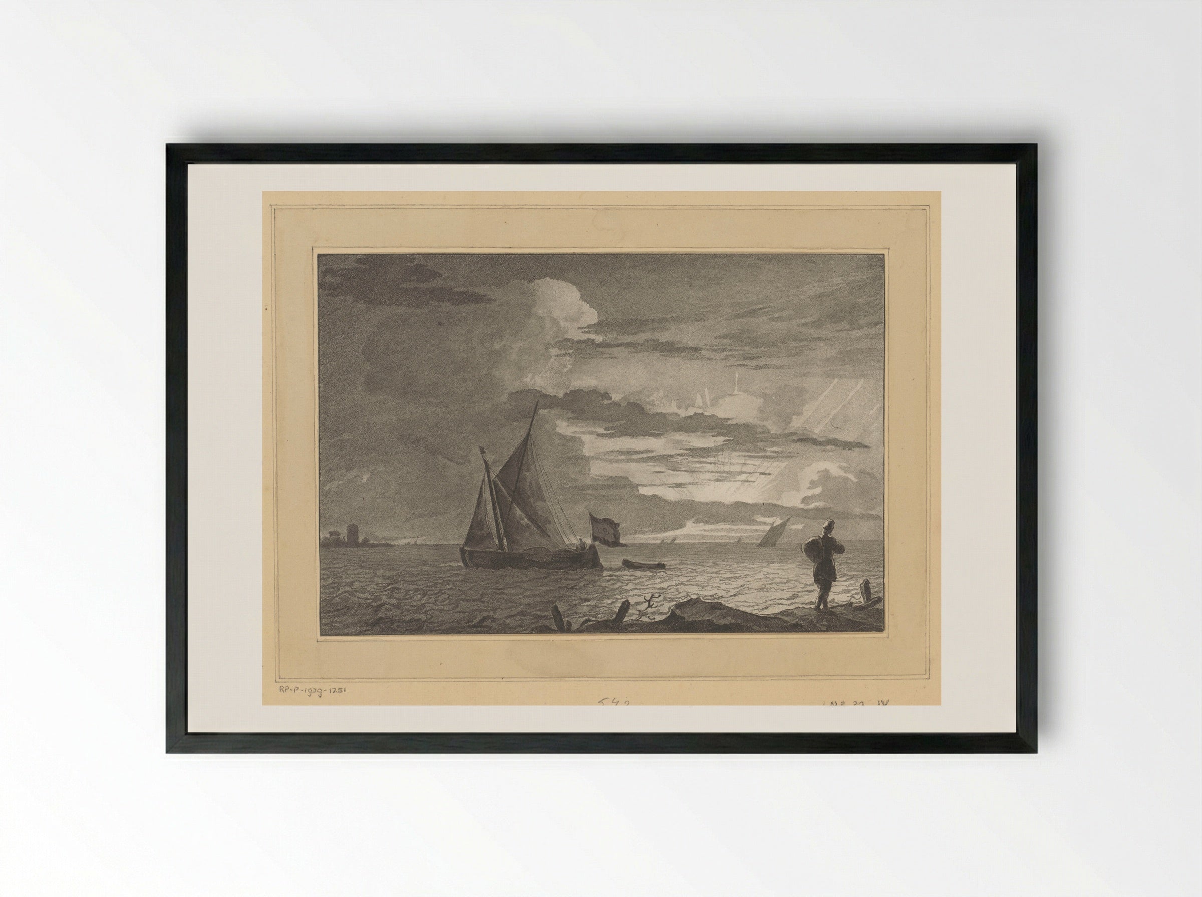 Man with a Sack on His Shoulder at Sunrise - Cornelis Brouwer - Framed Print Black