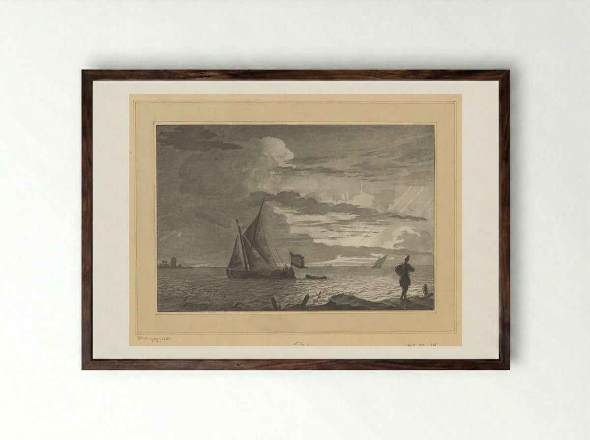 Man with a Sack on His Shoulder at Sunrise - Cornelis Brouwer - Framed Print Dark Wood