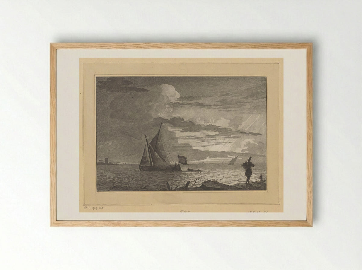 Man with a Sack on His Shoulder at Sunrise - Cornelis Brouwer - Framed Print Wood