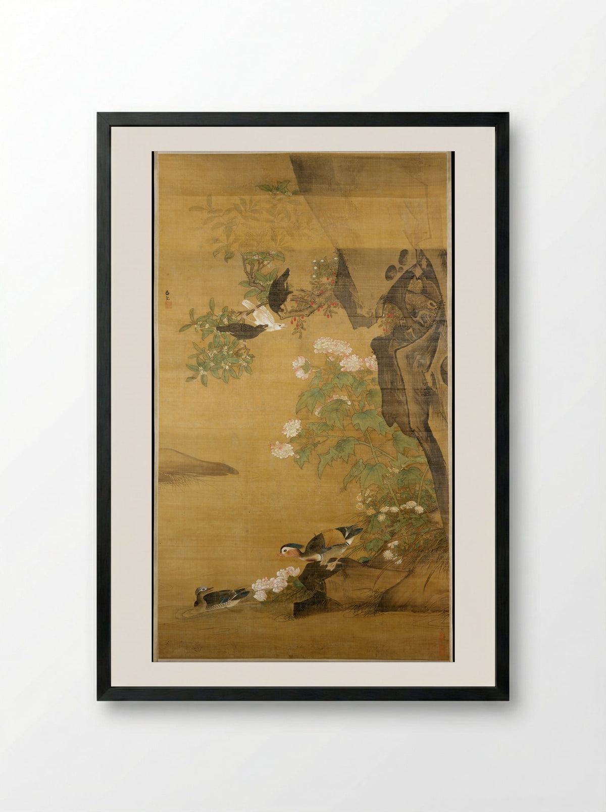 Mandarin Ducks and Cotton Rose Hibiscus - Lü Ji - Framed Print Black