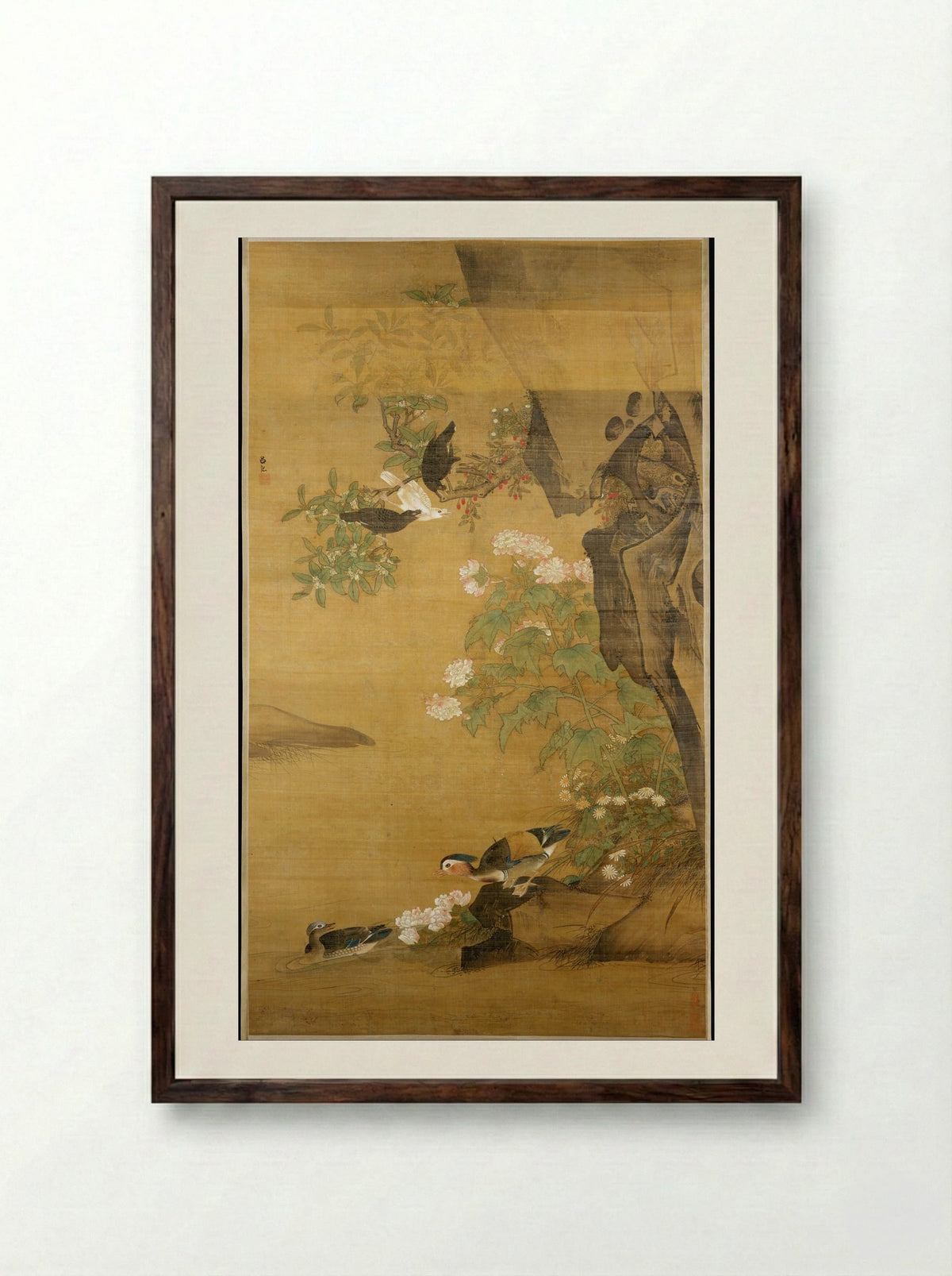 Mandarin Ducks and Cotton Rose Hibiscus - Lü Ji - Framed Print Dark Wood