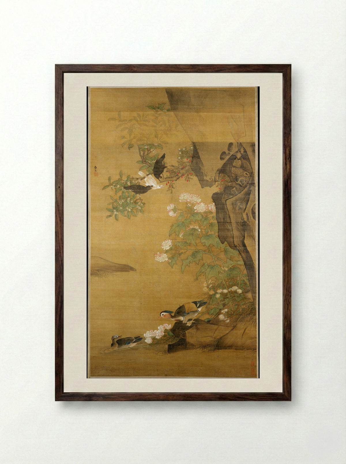 Mandarin Ducks and Cotton Rose Hibiscus - Lü Ji - Framed Print Dark Wood