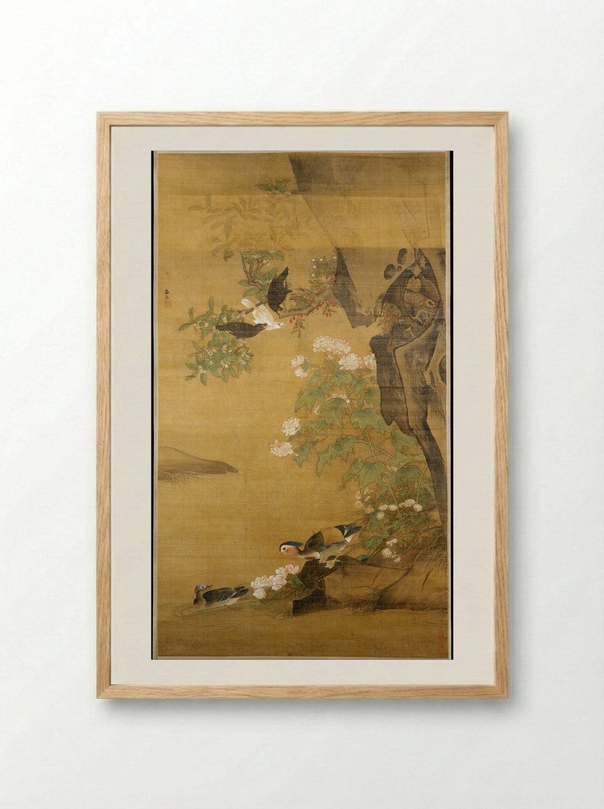 Mandarin Ducks and Cotton Rose Hibiscus - Lü Ji - Framed Print Wood