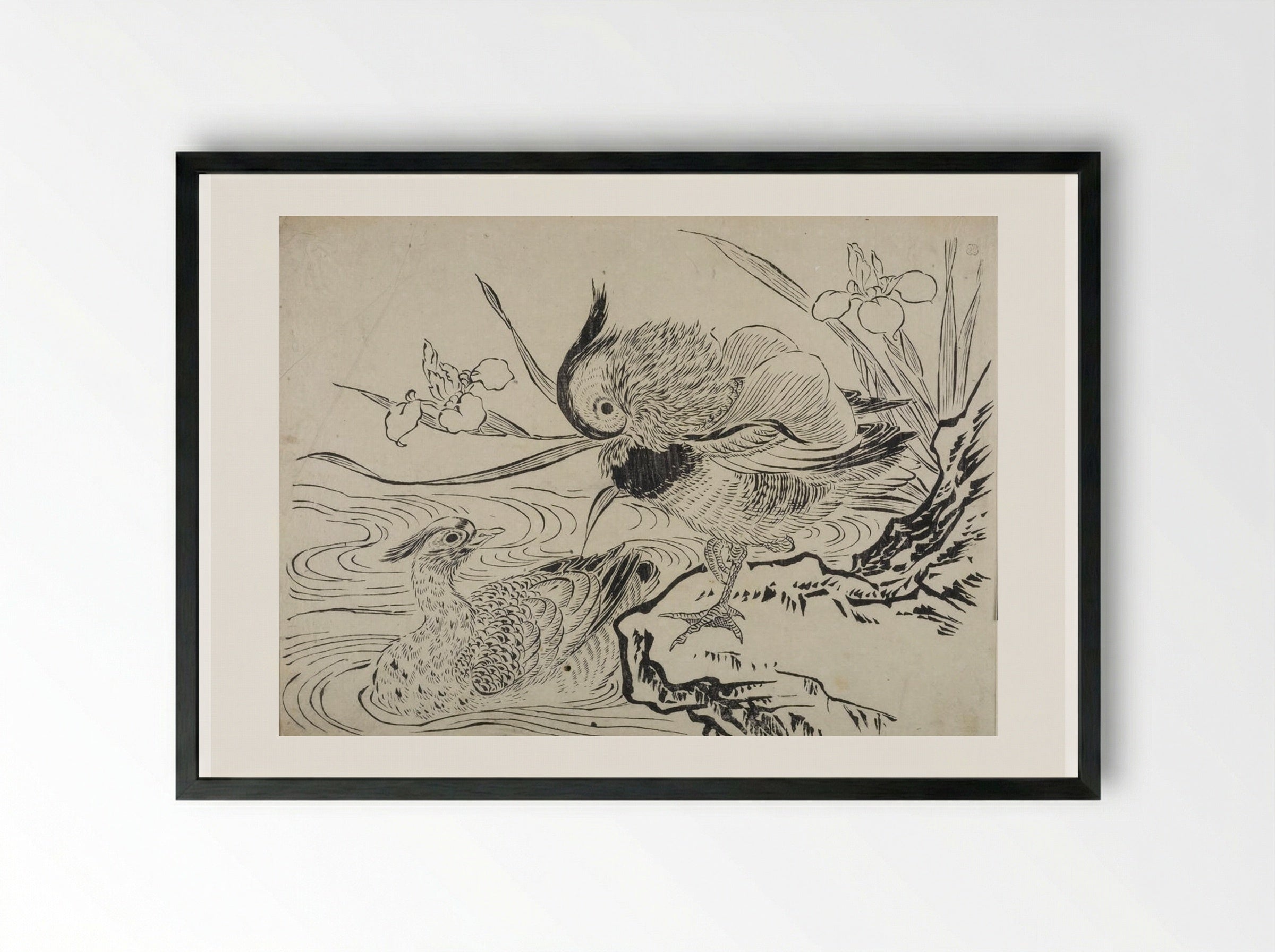 Mandarin Ducks and Iris - Okumura Masanobu - Framed Print Black