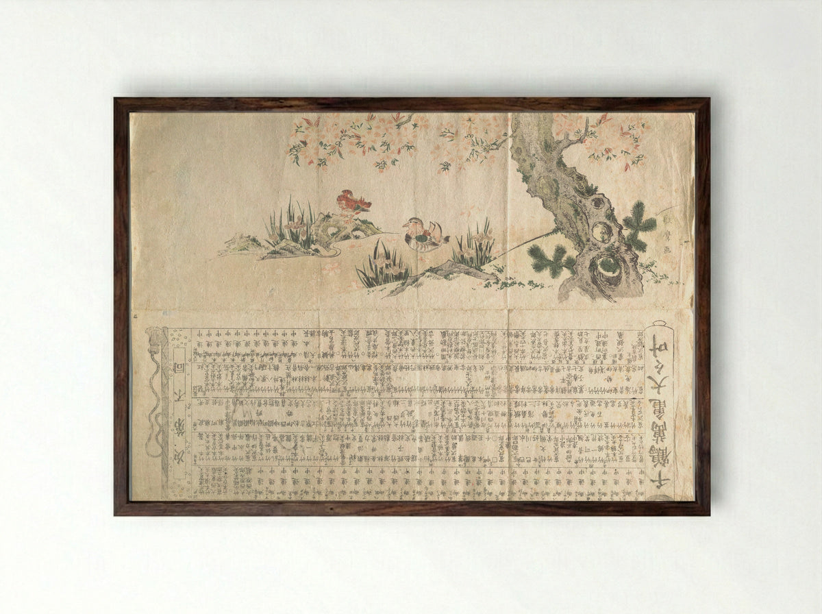 Mandarin Ducks in a Spring Landscape: Program for a Jururui Performance - Utamaro II - Framed Print Dark Wood