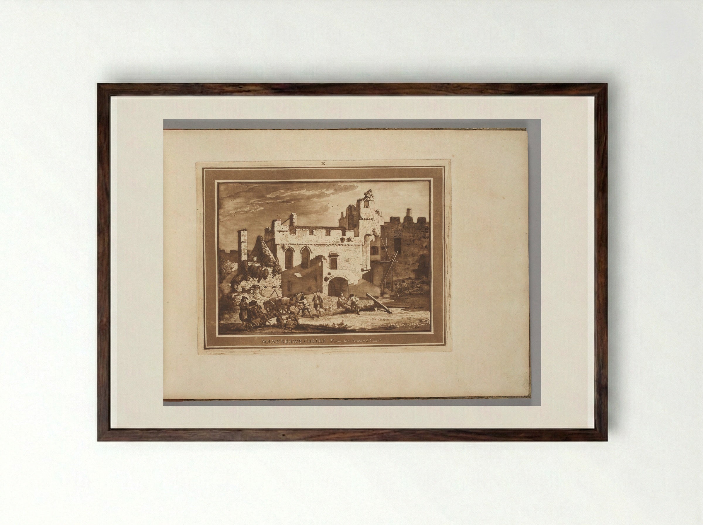 Manerbawr Castle from the Inward Court - Paul Sandby - Framed Print Dark Wood