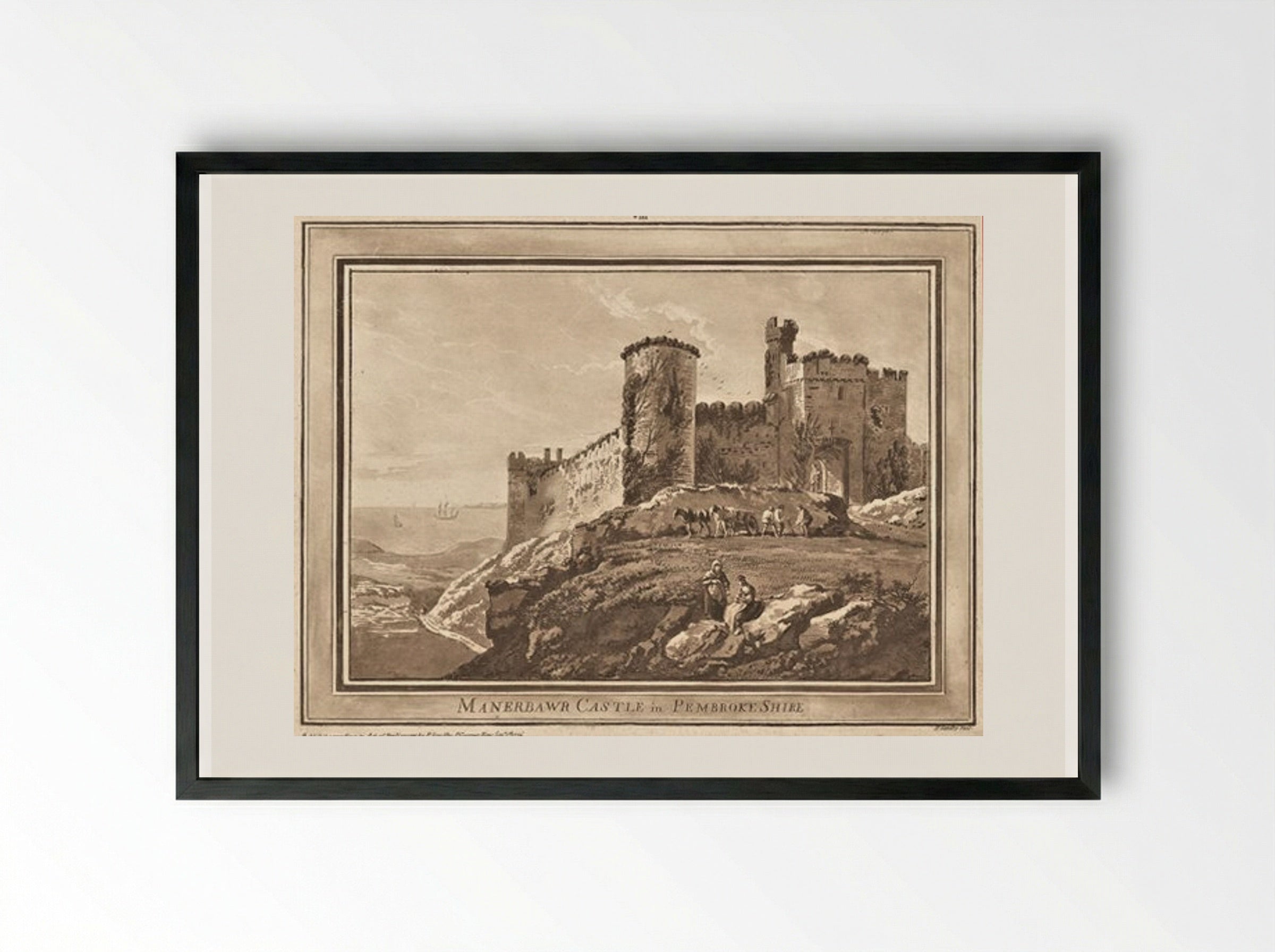 Manerbawr Castle in Pembrokeshire - Paul Sandby - Framed Print Black
