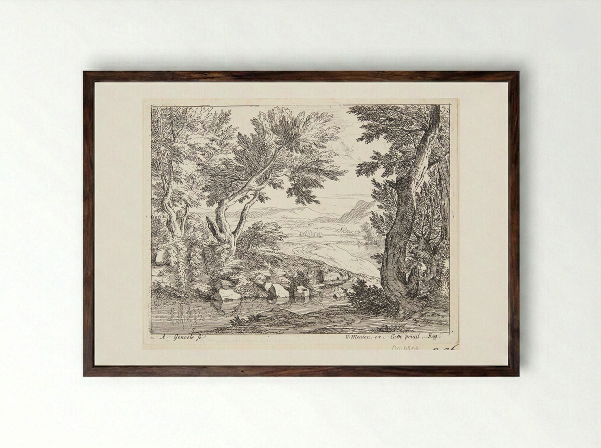 Mannen die een stuk hout dragen - Abraham Genoels (II) - Framed Print Dark Wood