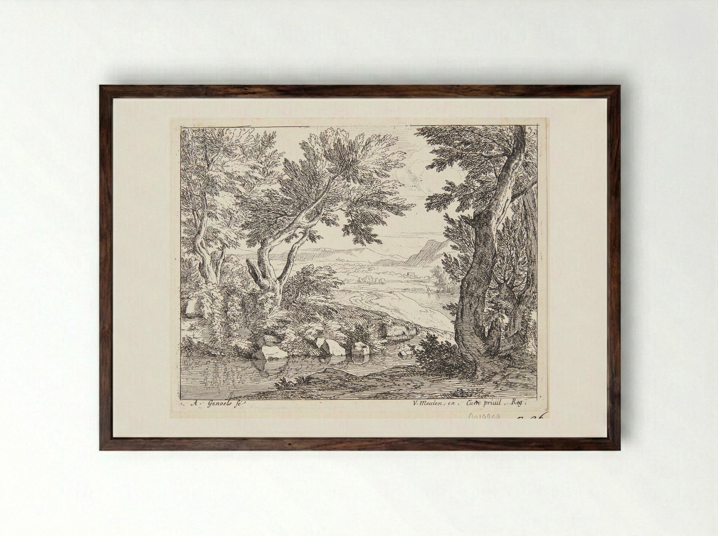 Mannen die een stuk hout dragen - Abraham Genoels (II) - Framed Print Dark Wood