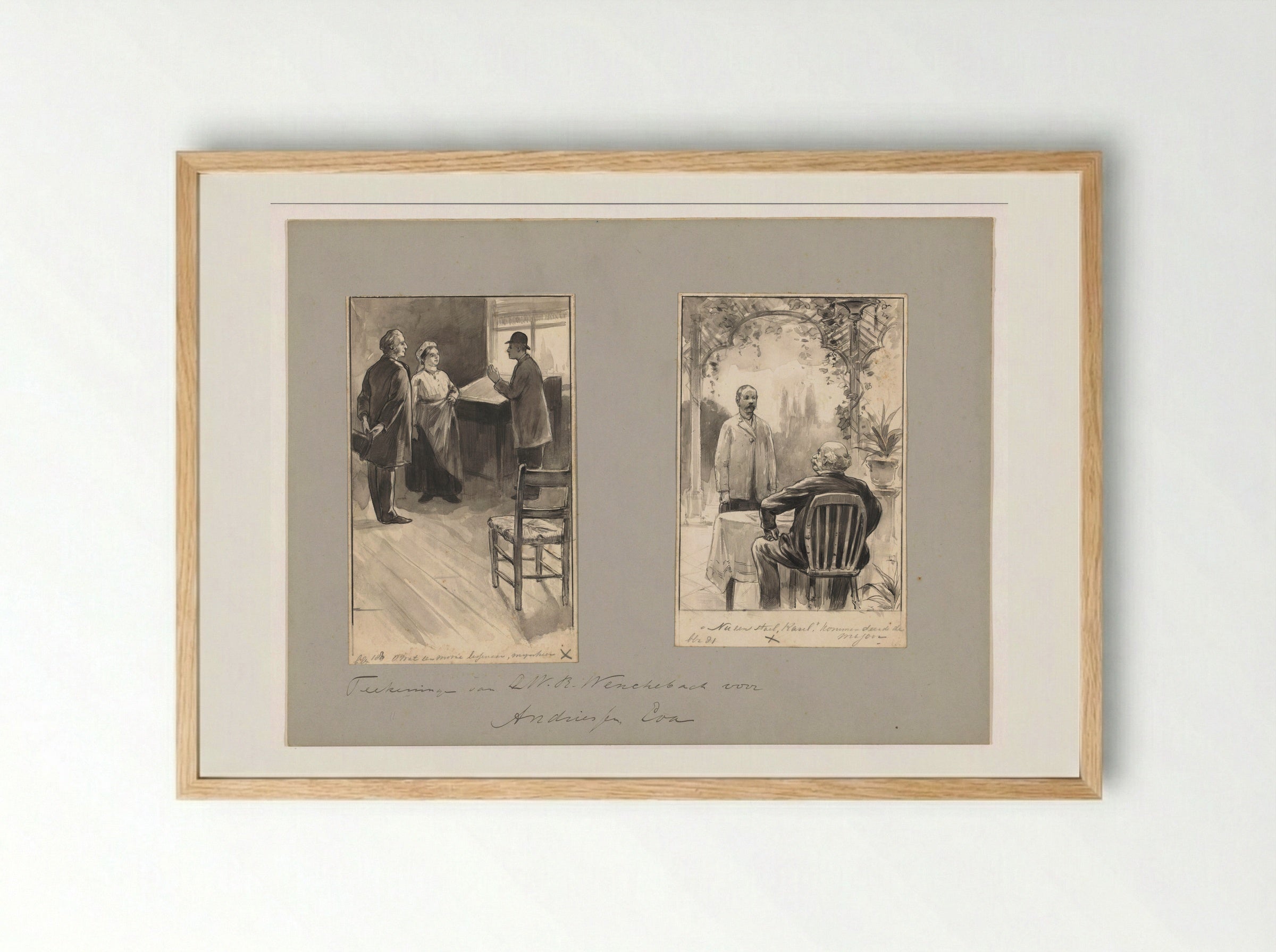 Mannen en vrouw bij een lessenaar en man op terras - Willem Wenckebach - Framed Print Wood