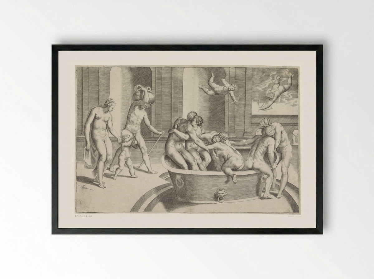 Mannen en vrouwen in grote badkuip - Giulio Bonasone - Framed Print Black