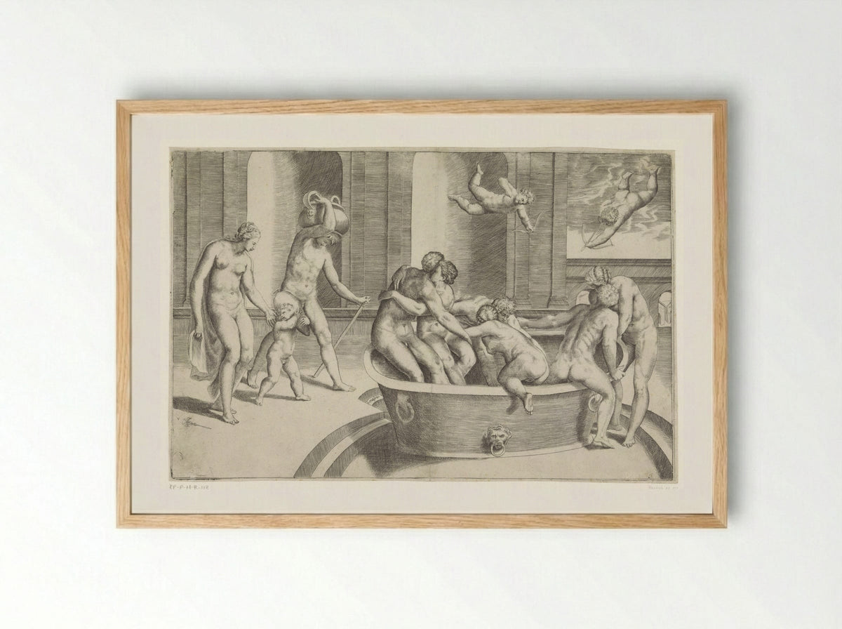 Mannen en vrouwen in grote badkuip - Giulio Bonasone - Framed Print Wood