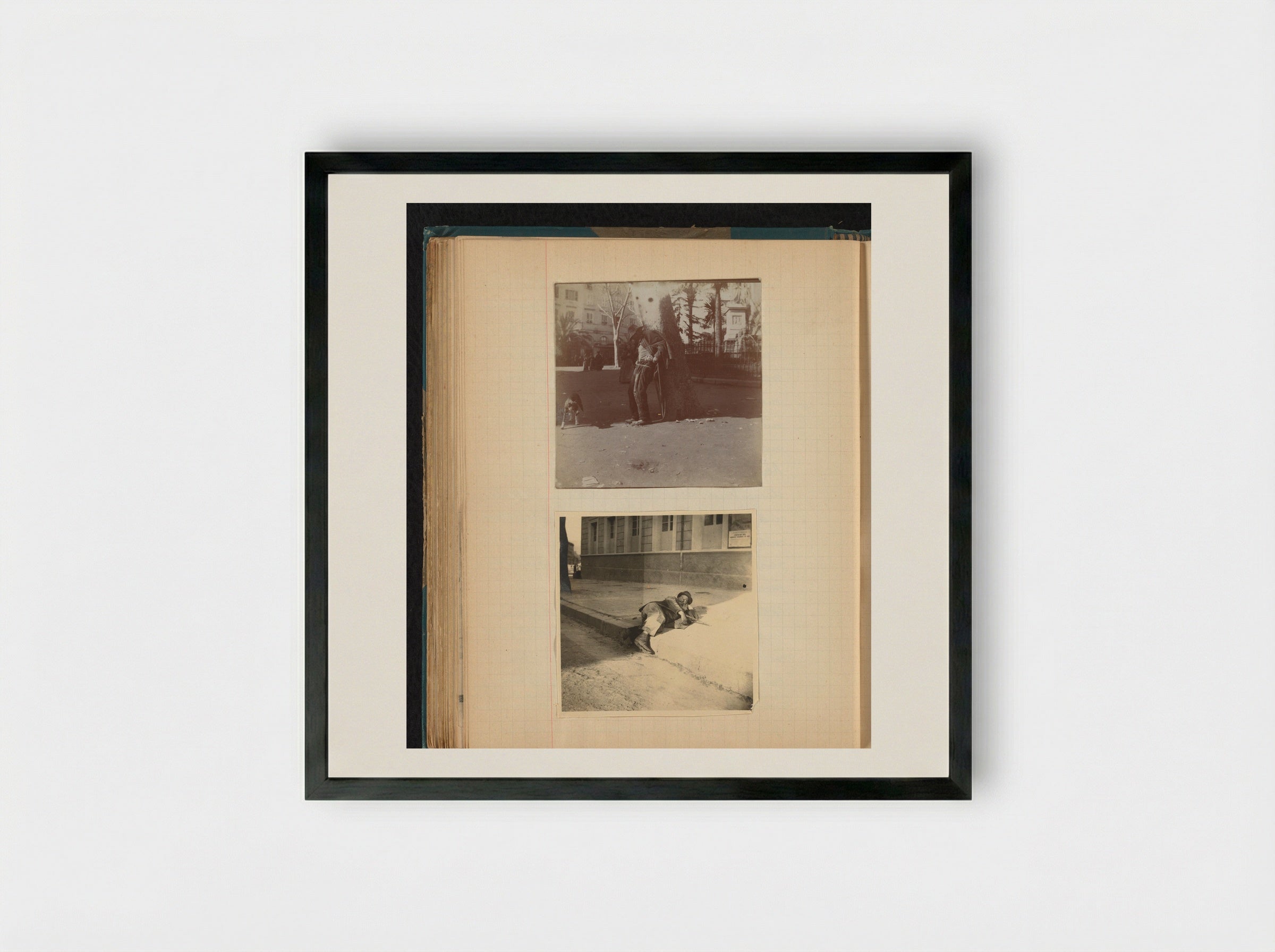 Mannen in versleten kleding en wandelstok slapend op straat in Ajaccio, Corsica - Théodore van Lelyveld - Framed Print Black