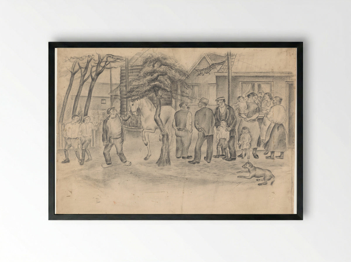 Mannen, vrouwen en kinderen voor een boerderij - Henk Henriët - Framed Print Black