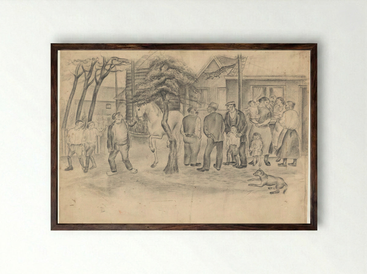 Mannen, vrouwen en kinderen voor een boerderij - Henk Henriët - Framed Print Dark Wood