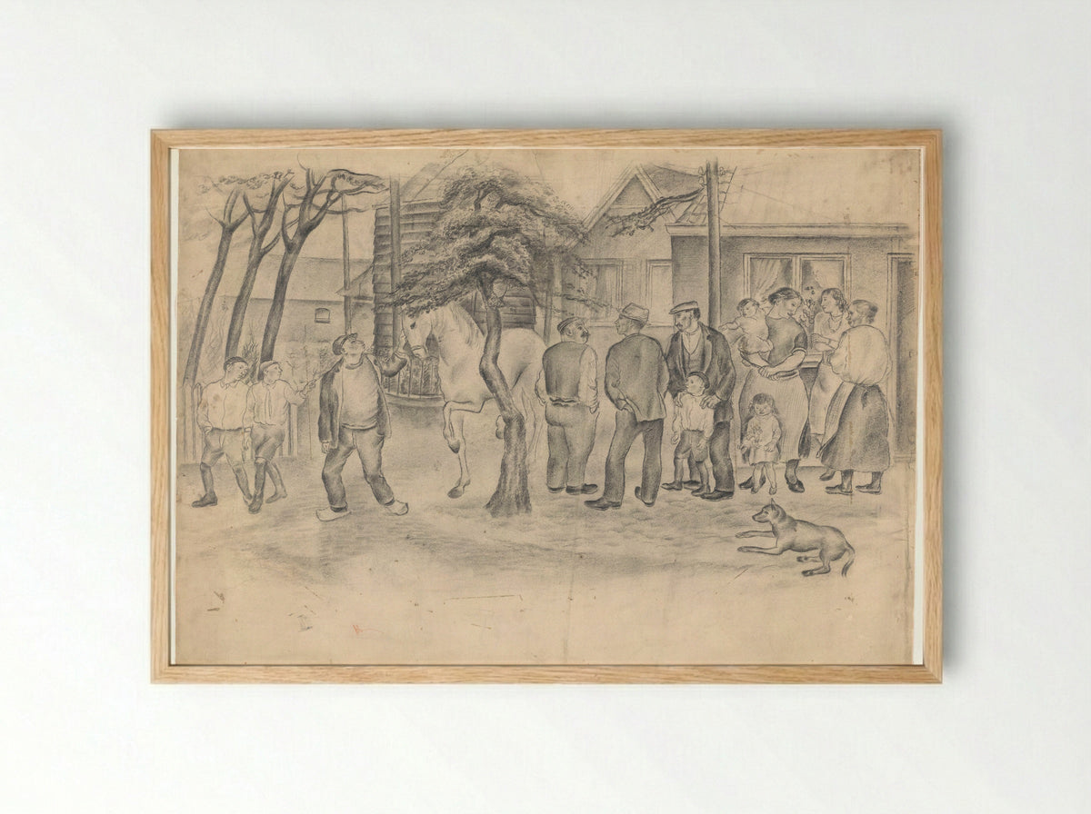 Mannen, vrouwen en kinderen voor een boerderij - Henk Henriët - Framed Print Wood