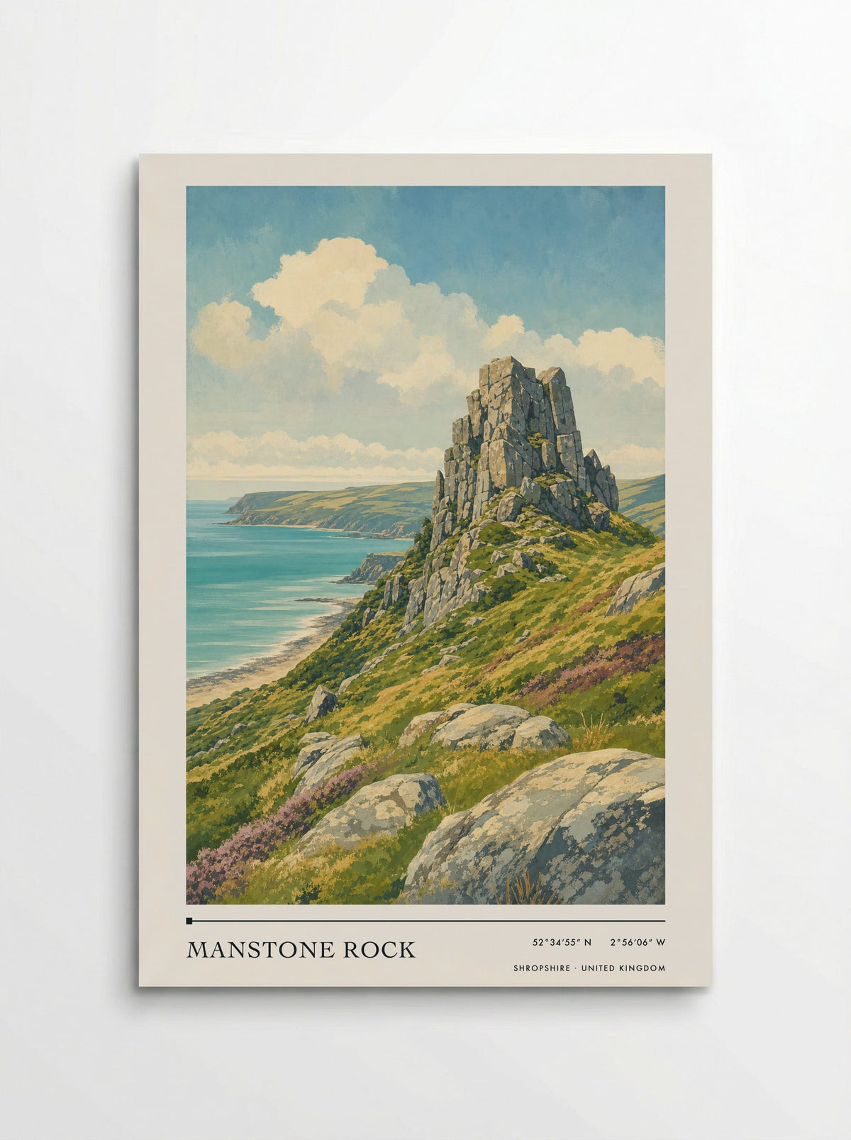 Manstone Rock, Shropshire travel poster: a towering grey crag, bright water, heathery slopes and layered headlands in view